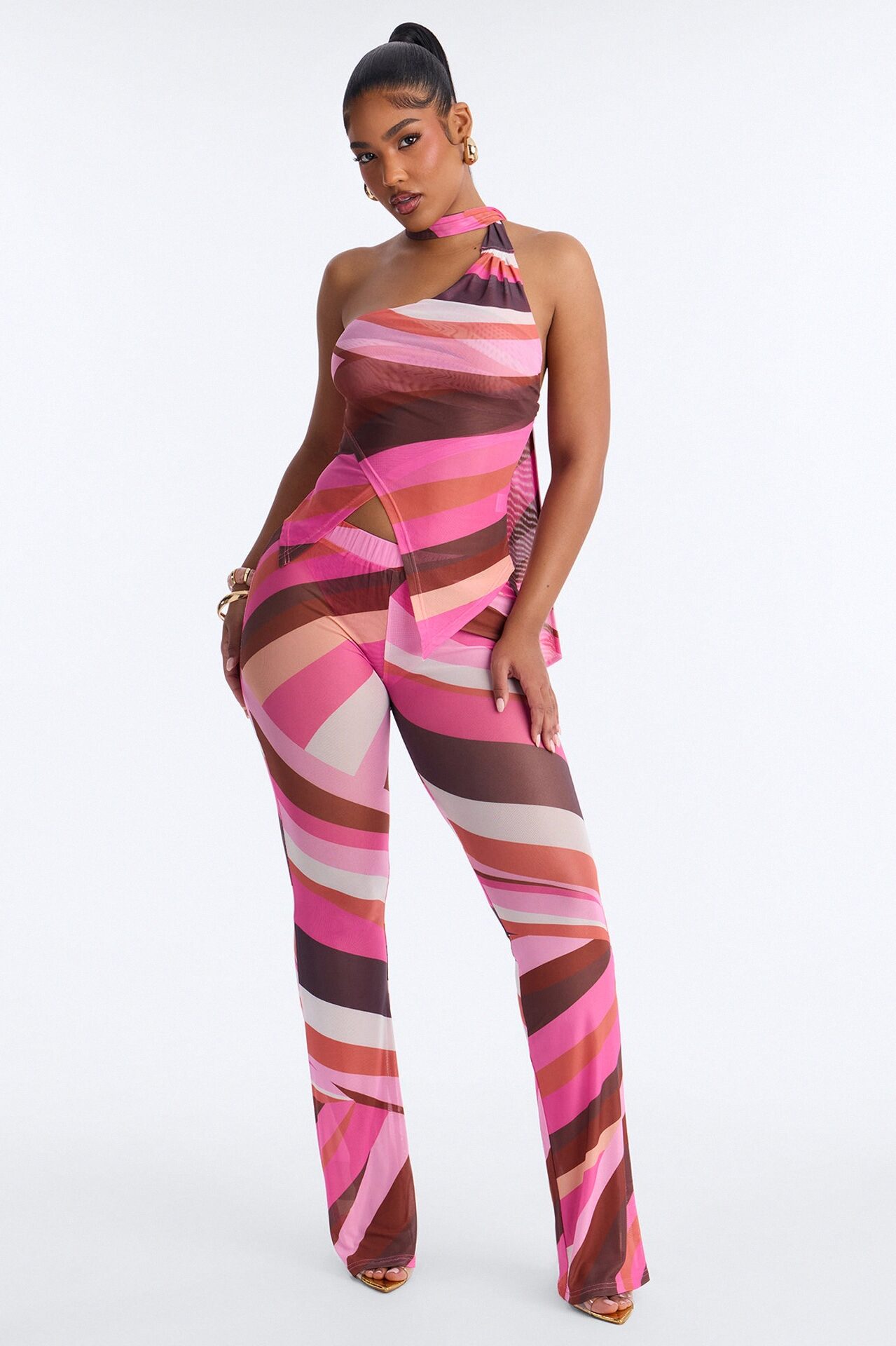 Love Affair Scarf Neck Mesh Pant Set - Pink/combo