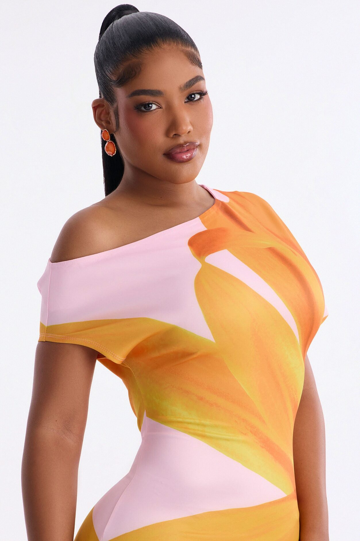 Gardenia One Shoulder Floral Midi Dress - Orange/combo