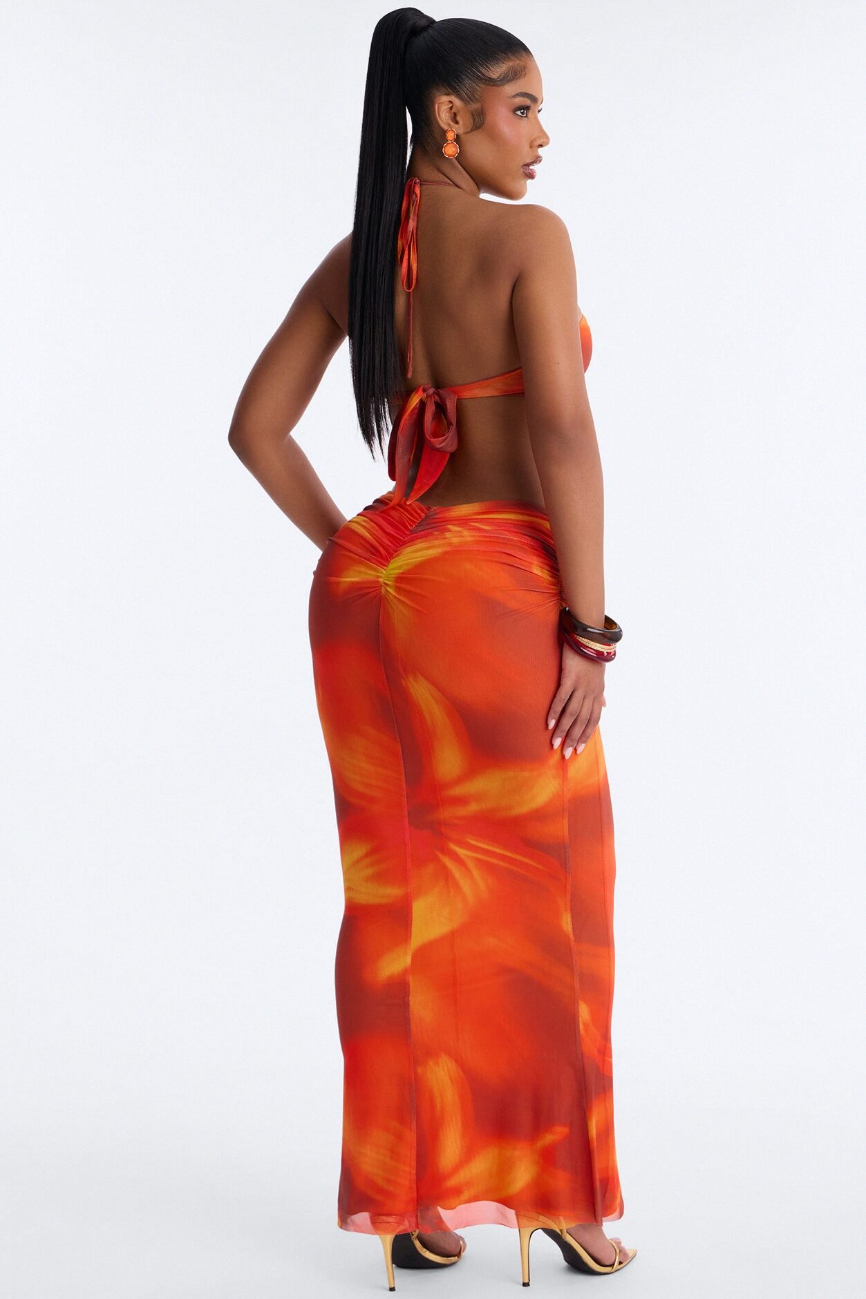 Orabella Tie Dye Mesh Maxi Dress - Orange