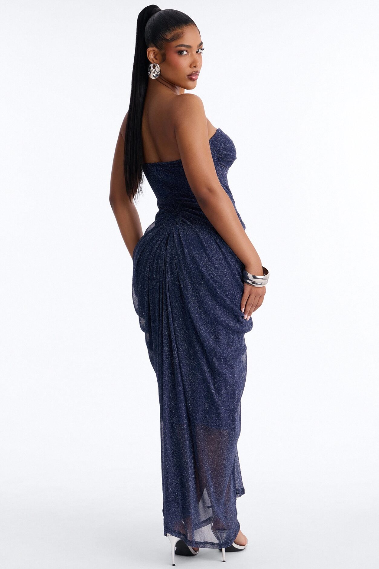 Be My Guest Draped Metallic Gown - Navy