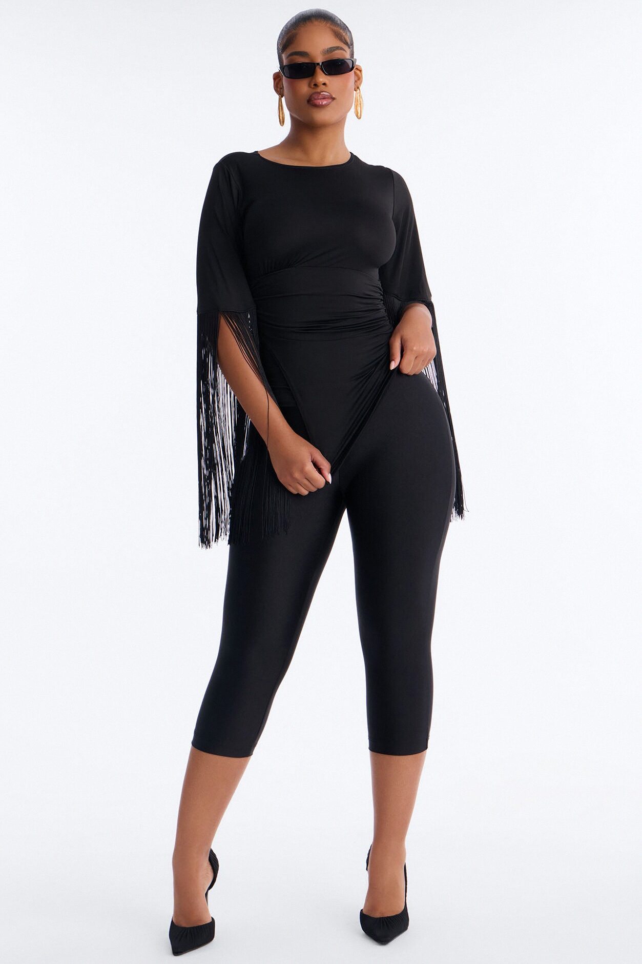 Gia Fringe Trim Short Sleeve Top - Black
