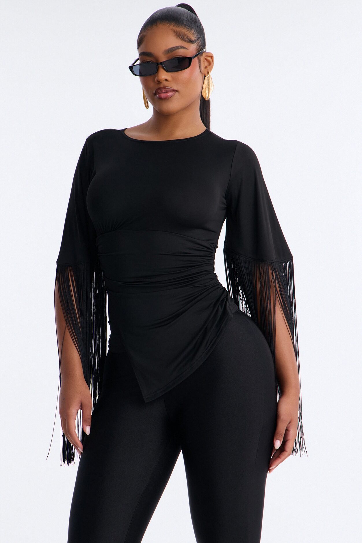 Gia Fringe Trim Short Sleeve Top - Black
