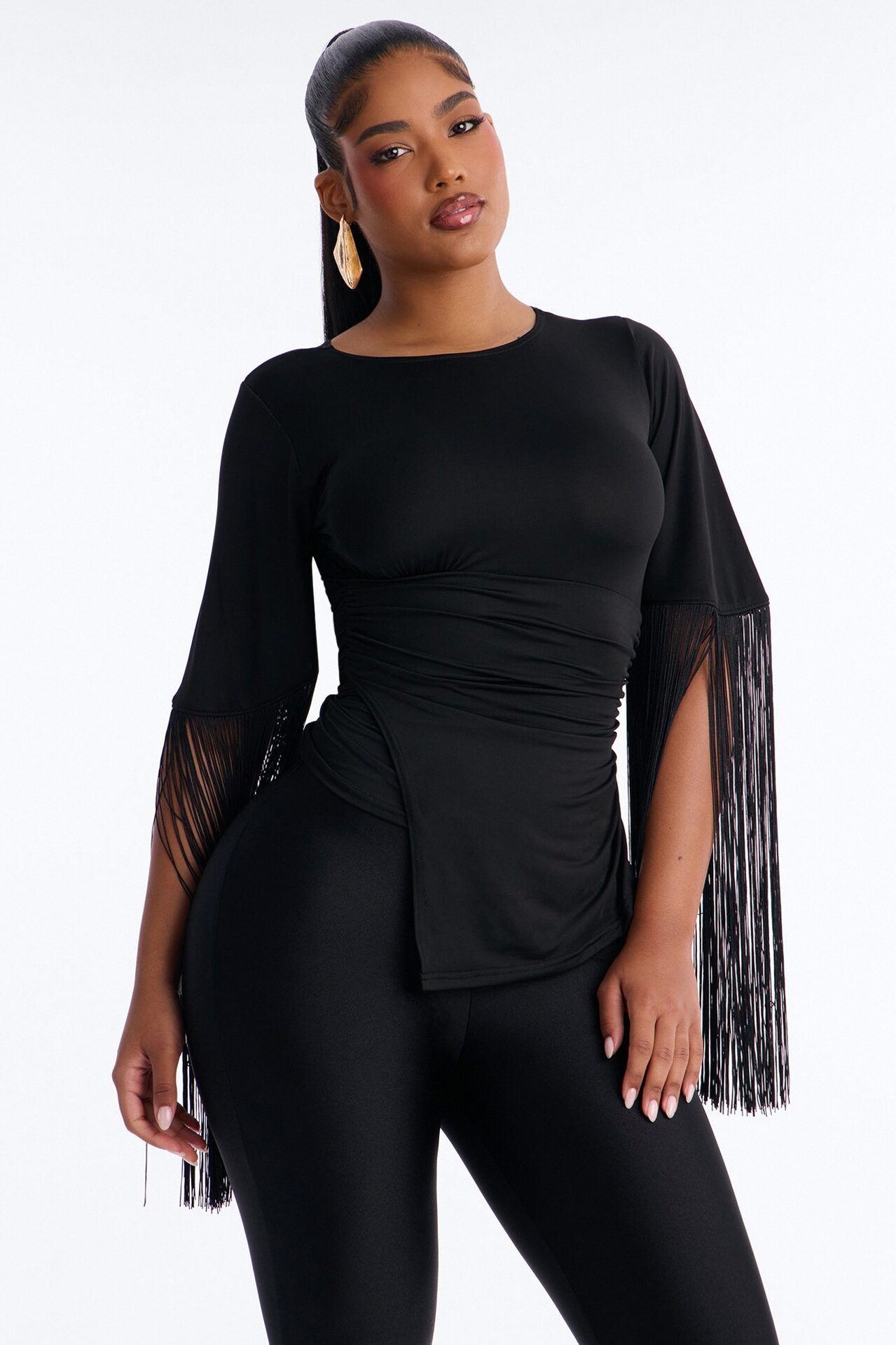 Gia Fringe Trim Short Sleeve Top - Black