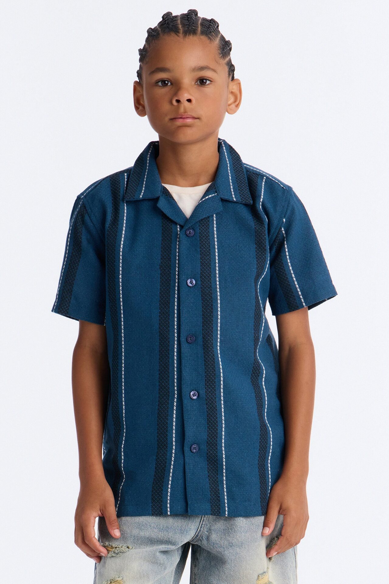 Mini Switching Up Striped Button Down Shirt - Teal