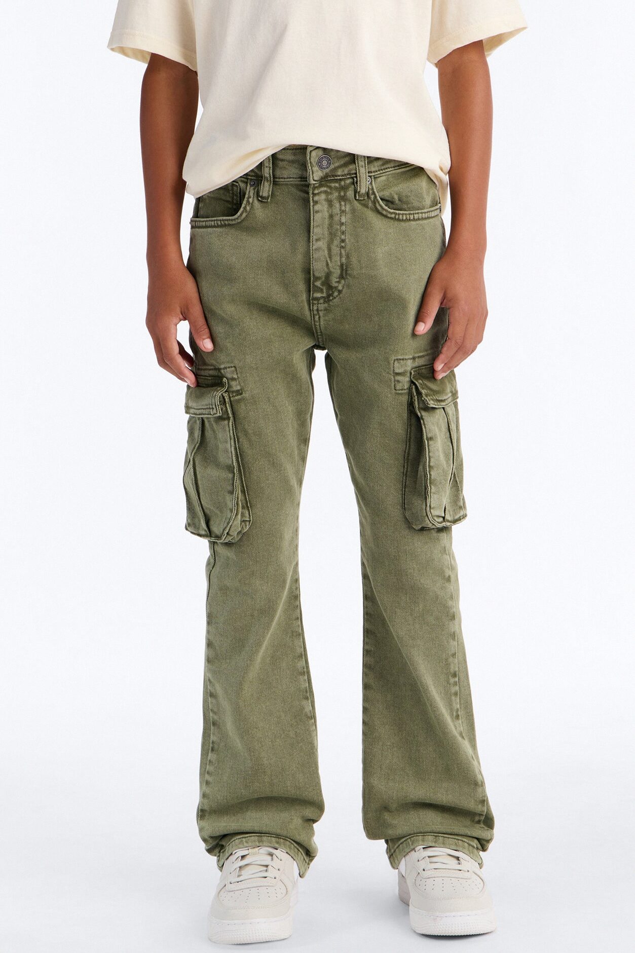 Mini Stacked Skinny Flare Albany Cargo Jean - Olive