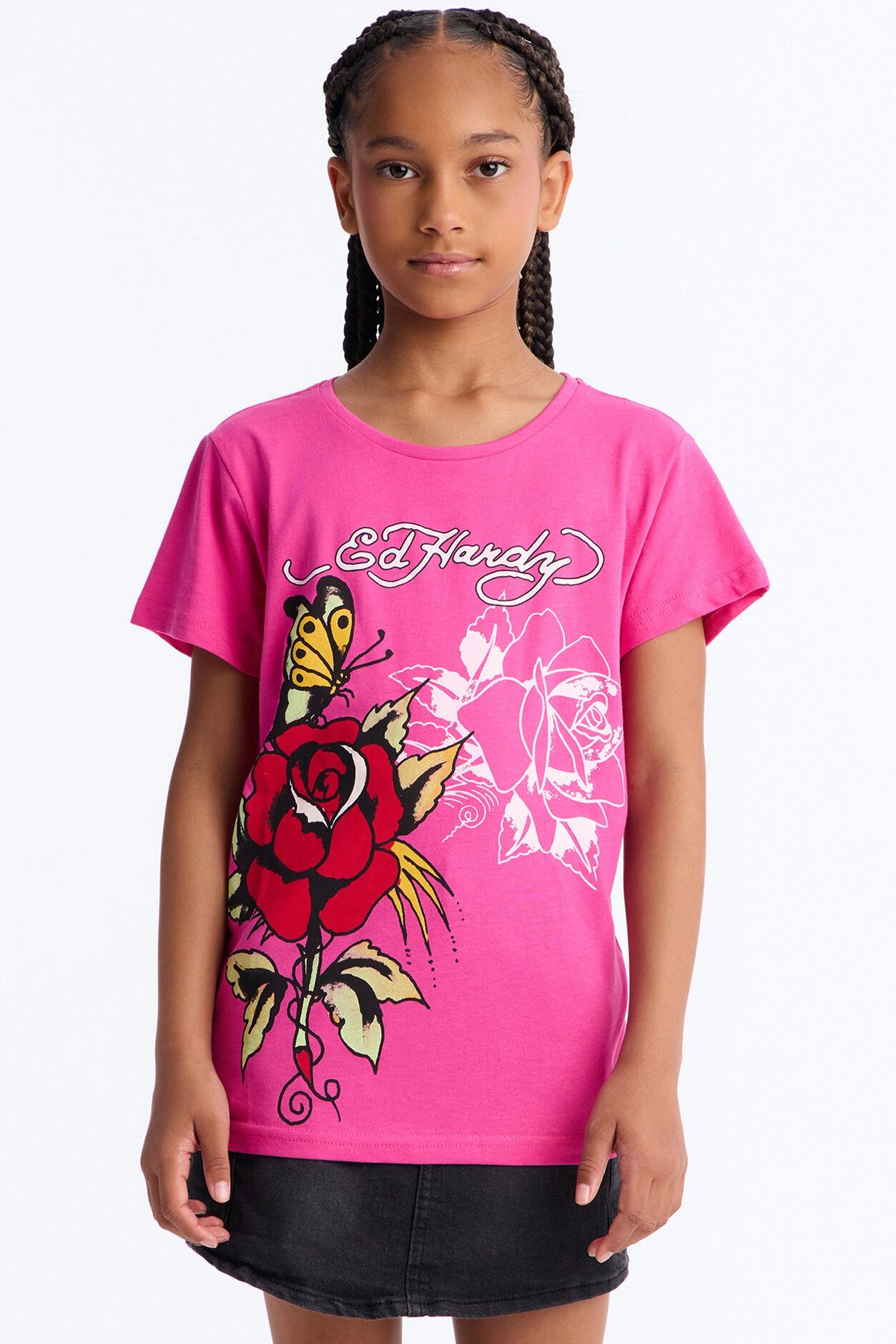Mini Ed Hardy Beautiful Roses Short Sleeve Tee - Fuchsia