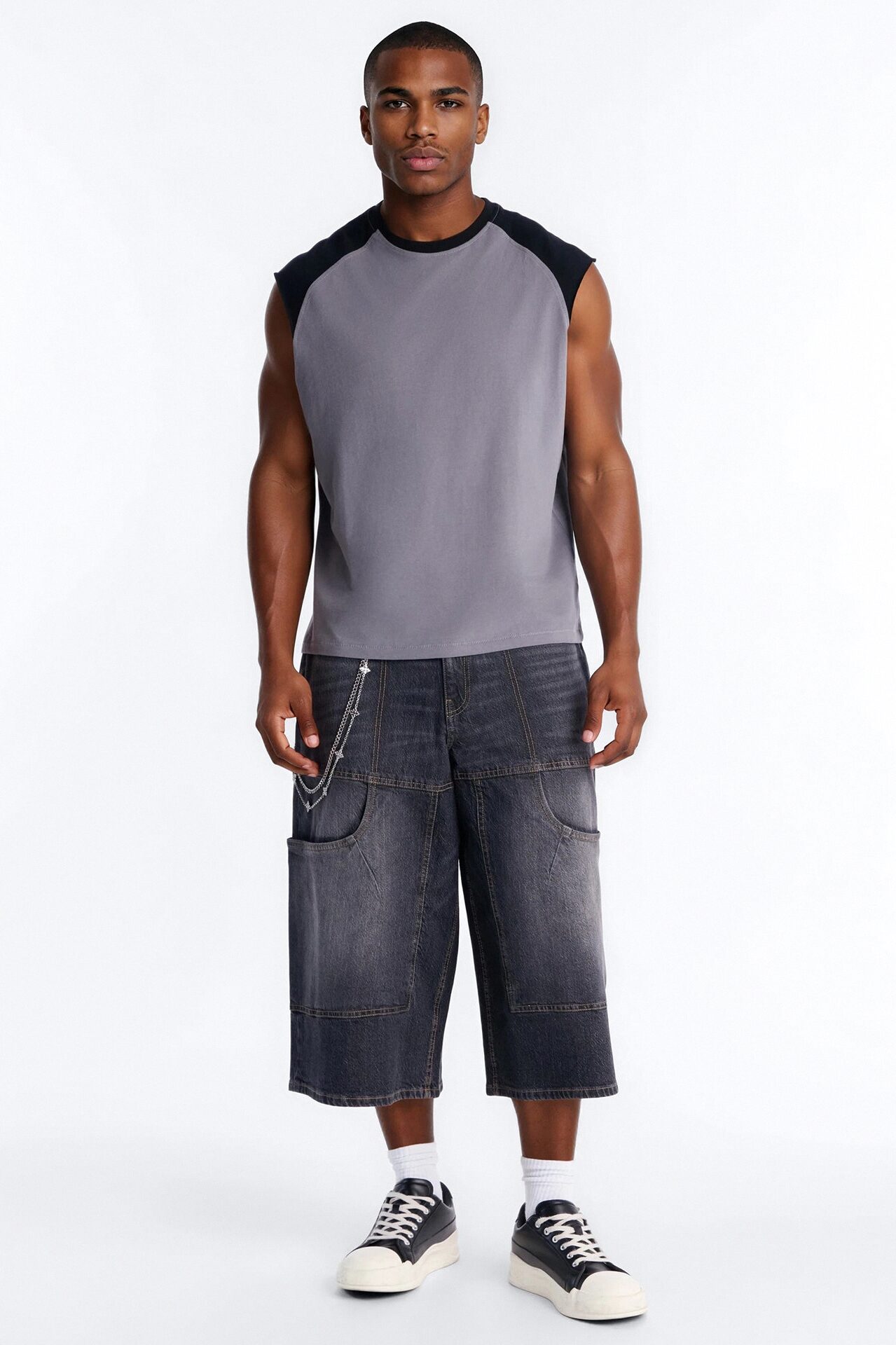 Boxy Raglan Muscle Tee - Grey/Black
