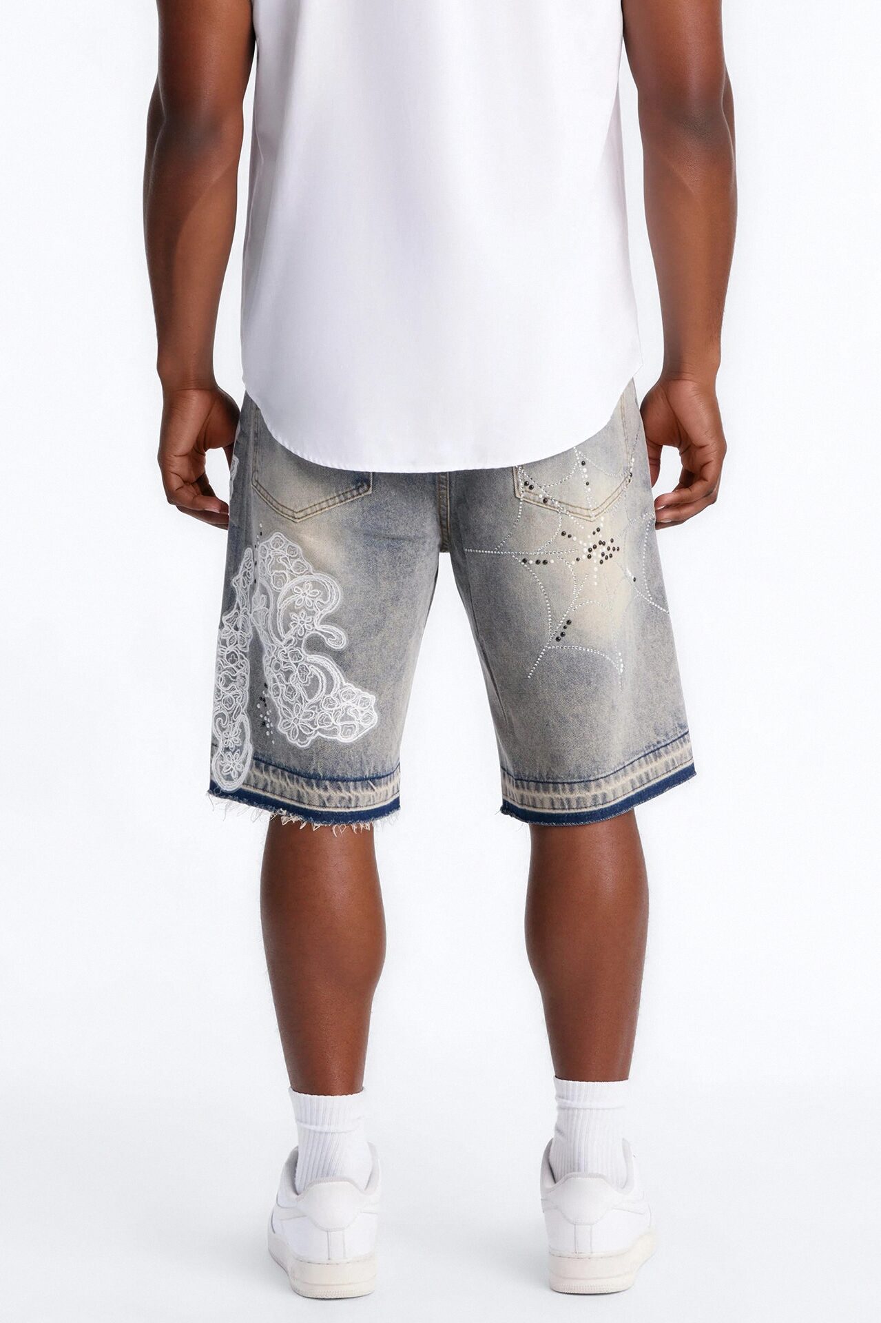 Lace Trap Rhinestone Baggy Denim Short - Light Blue Wash