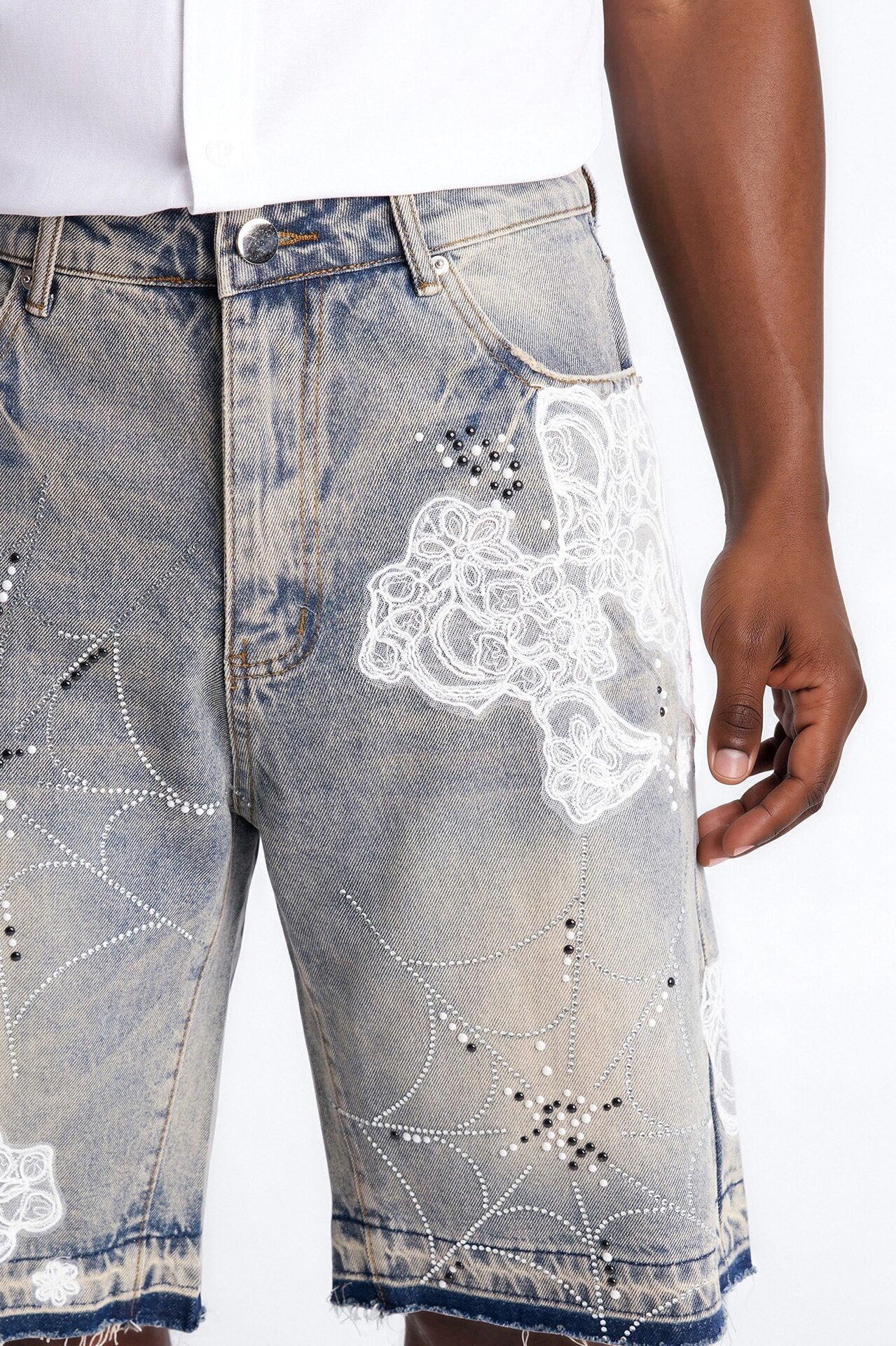 Lace Trap Rhinestone Baggy Denim Short - Light Blue Wash