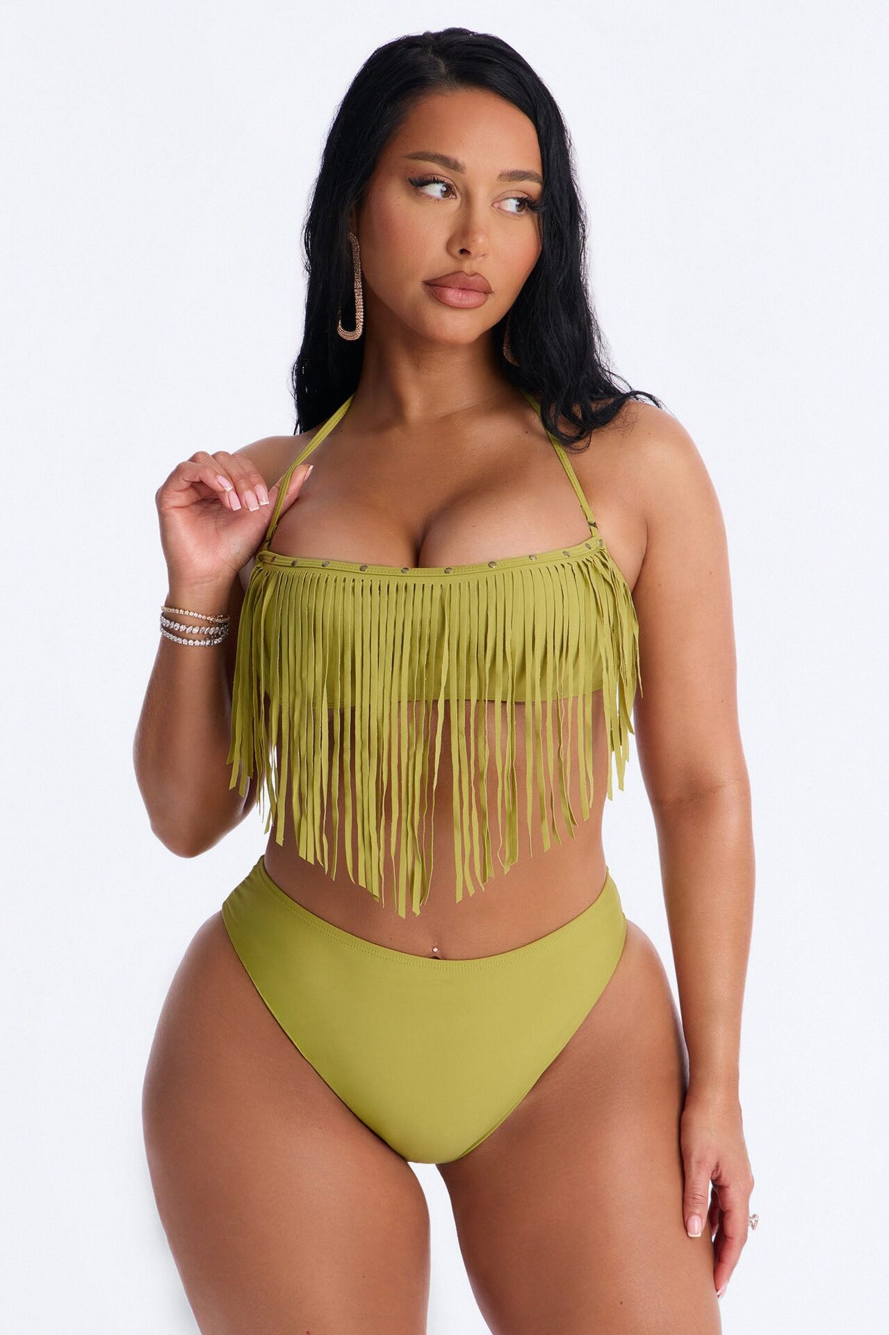 Cabana Cooldown 3 Piece Fringe Bikini Set - Olive