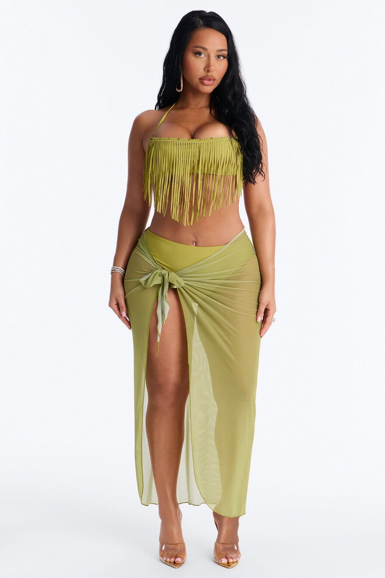 Cabana Cooldown 3 Piece Fringe Bikini Set - Olive