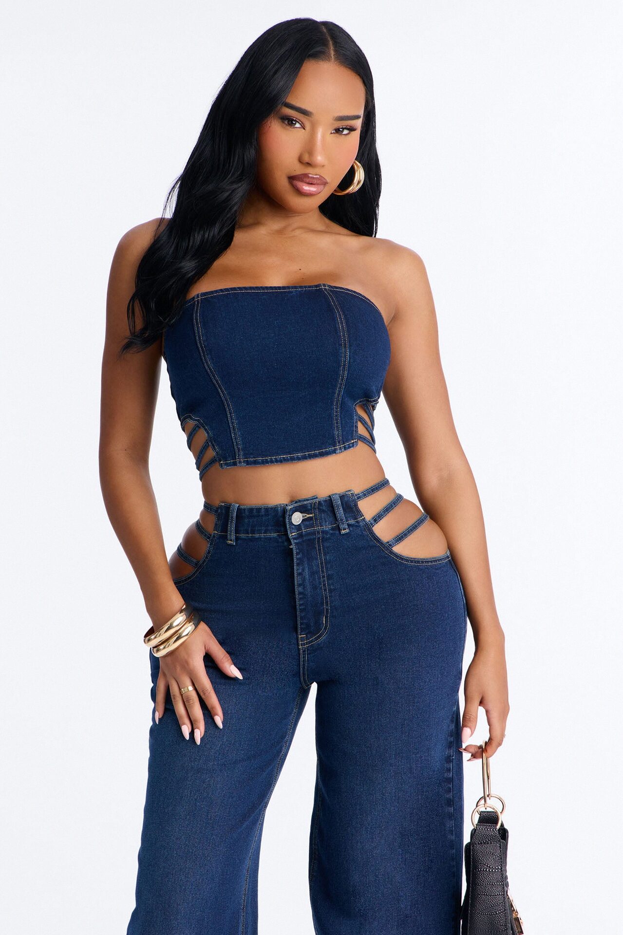 Arazia Denim Cut Out Pant Set - Dark Denim