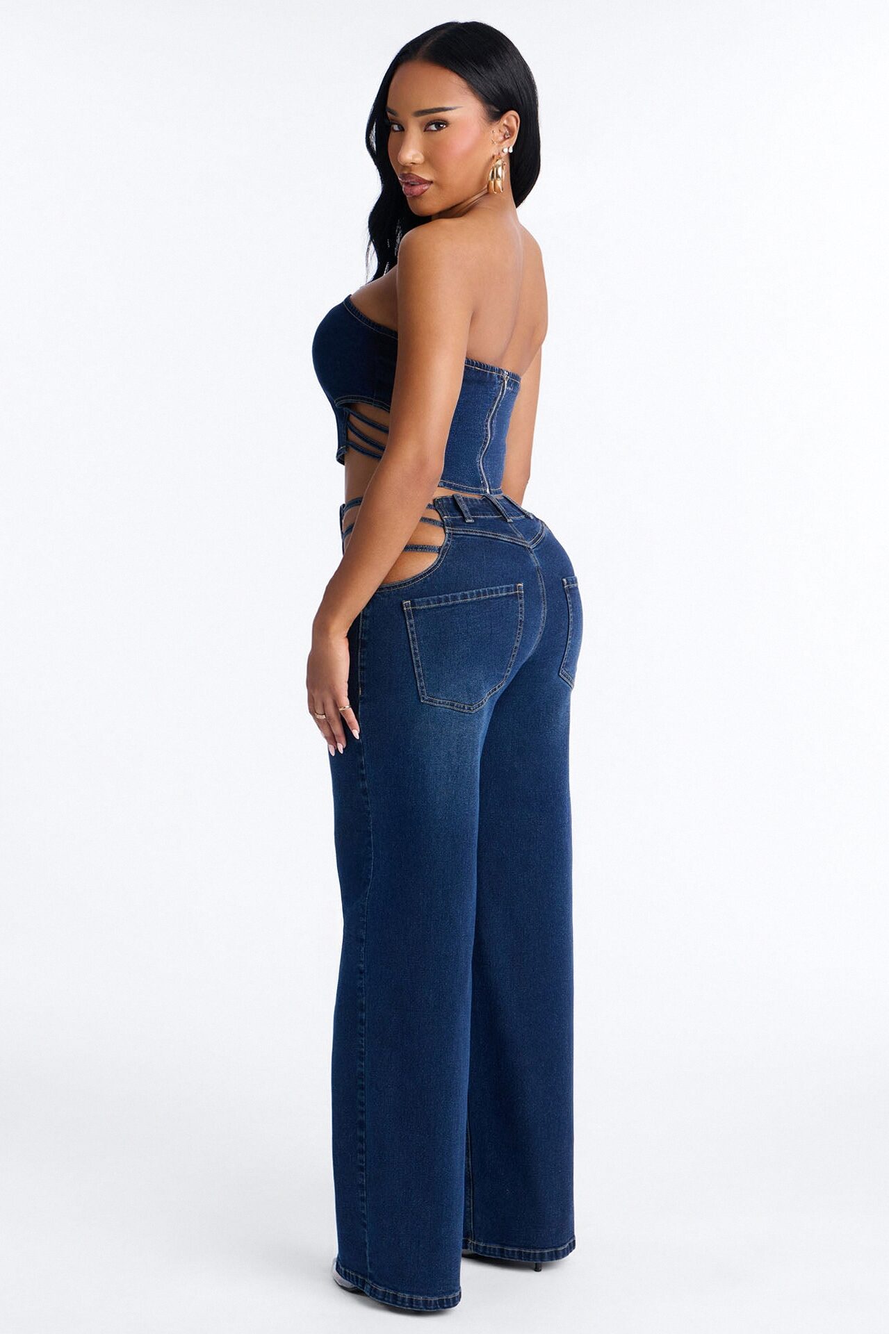 Arazia Denim Cut Out Pant Set - Dark Denim