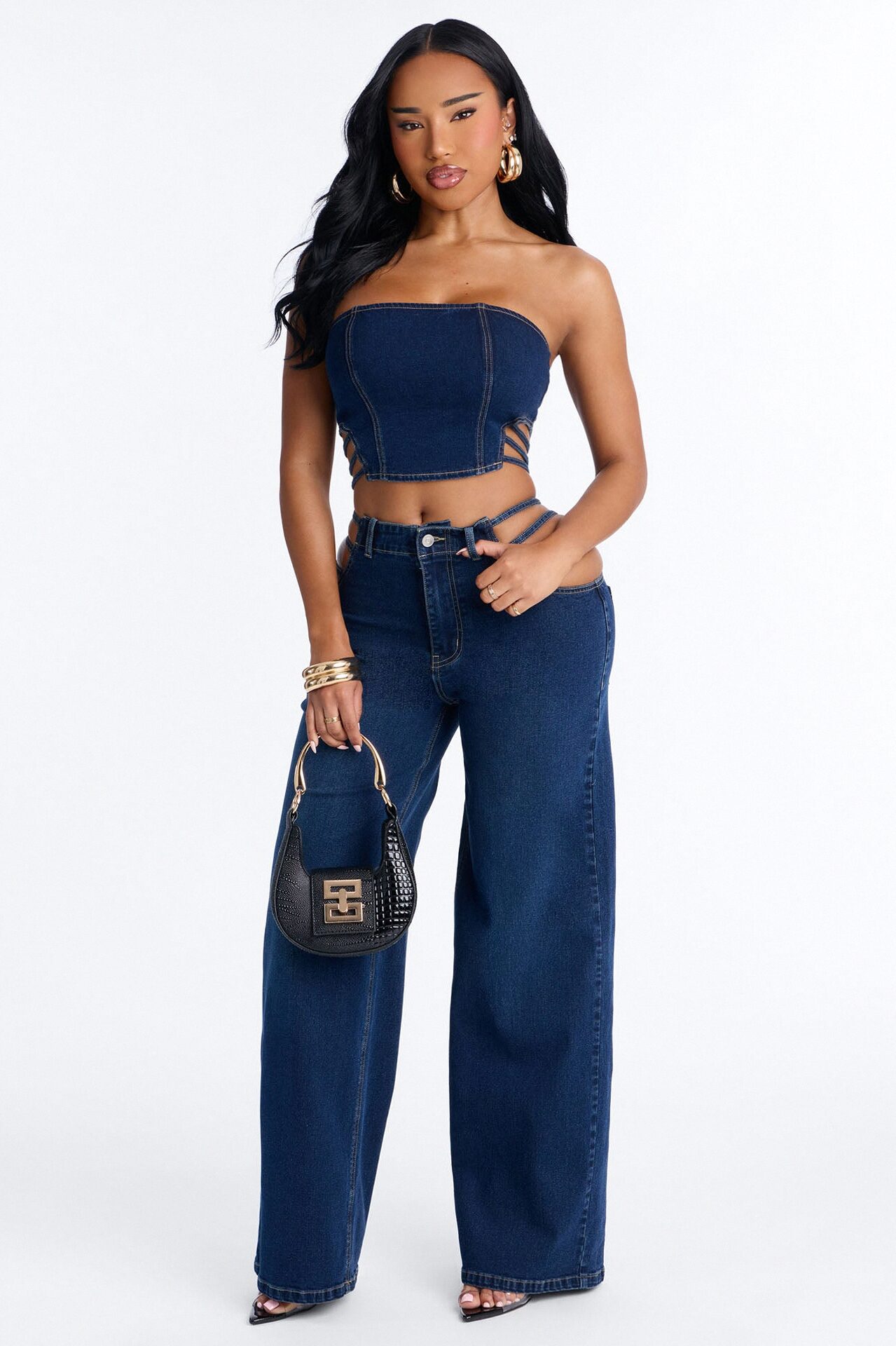 Arazia Denim Cut Out Pant Set - Dark Denim