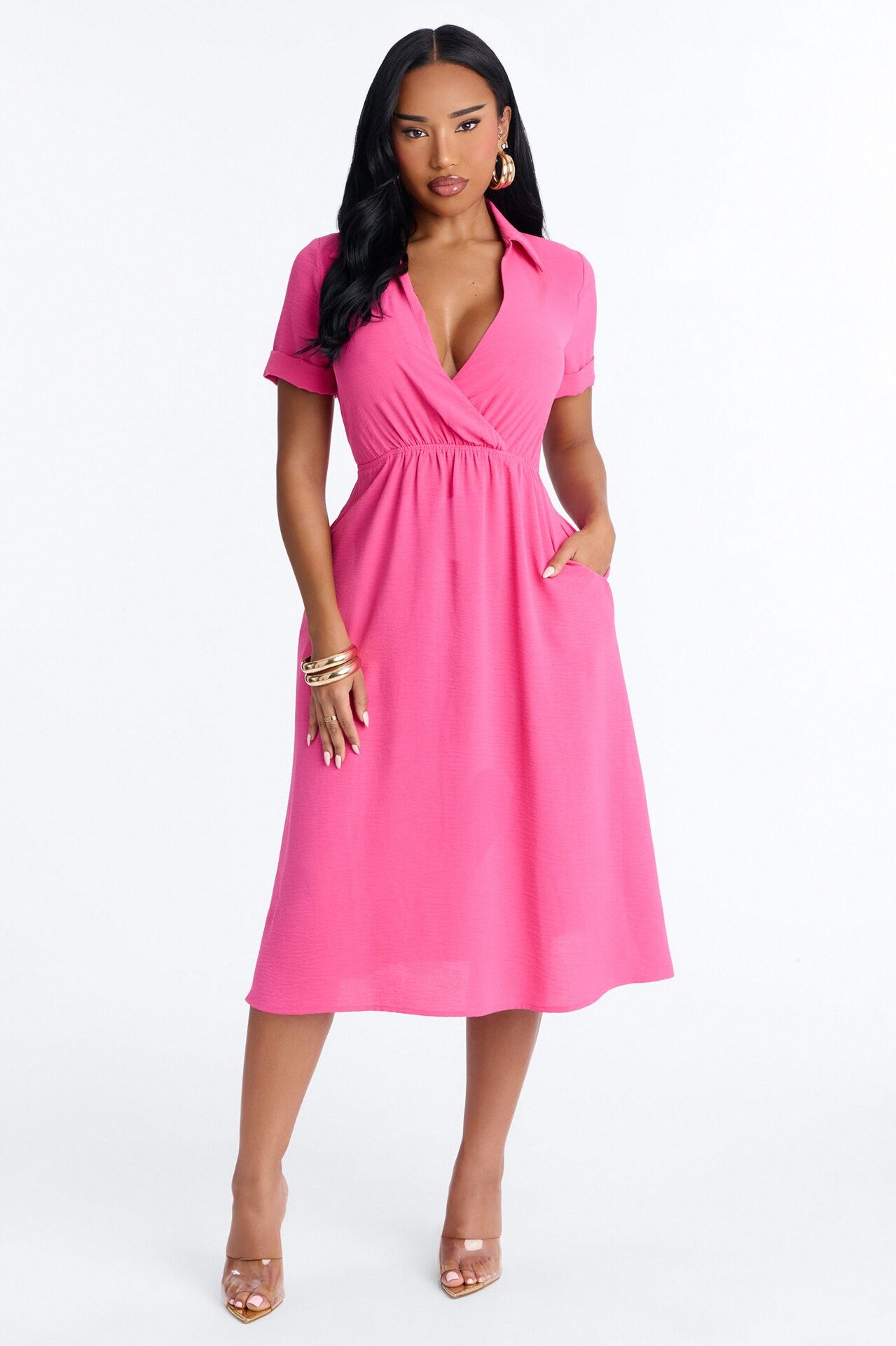 Caroline Cinched Midi Dress - Hot Pink