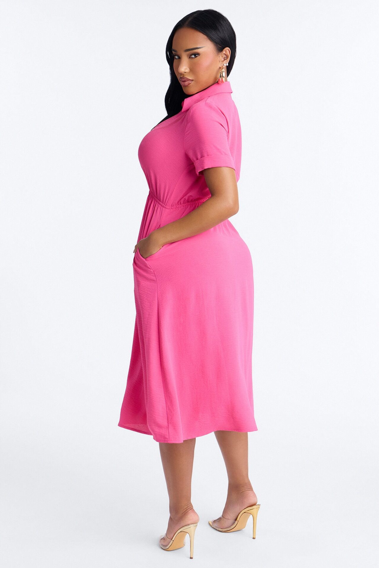 Caroline Cinched Midi Dress - Hot Pink