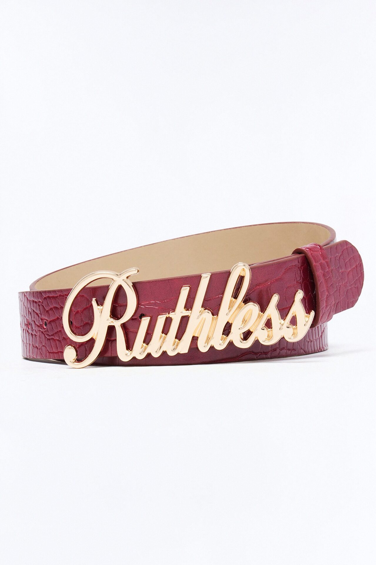 Ruthless Embossed Script Buckle Belt - Gold/Red