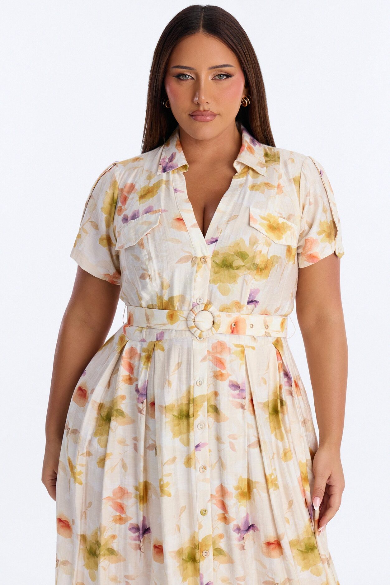 April Belted Floral Midi Dress - White/combo