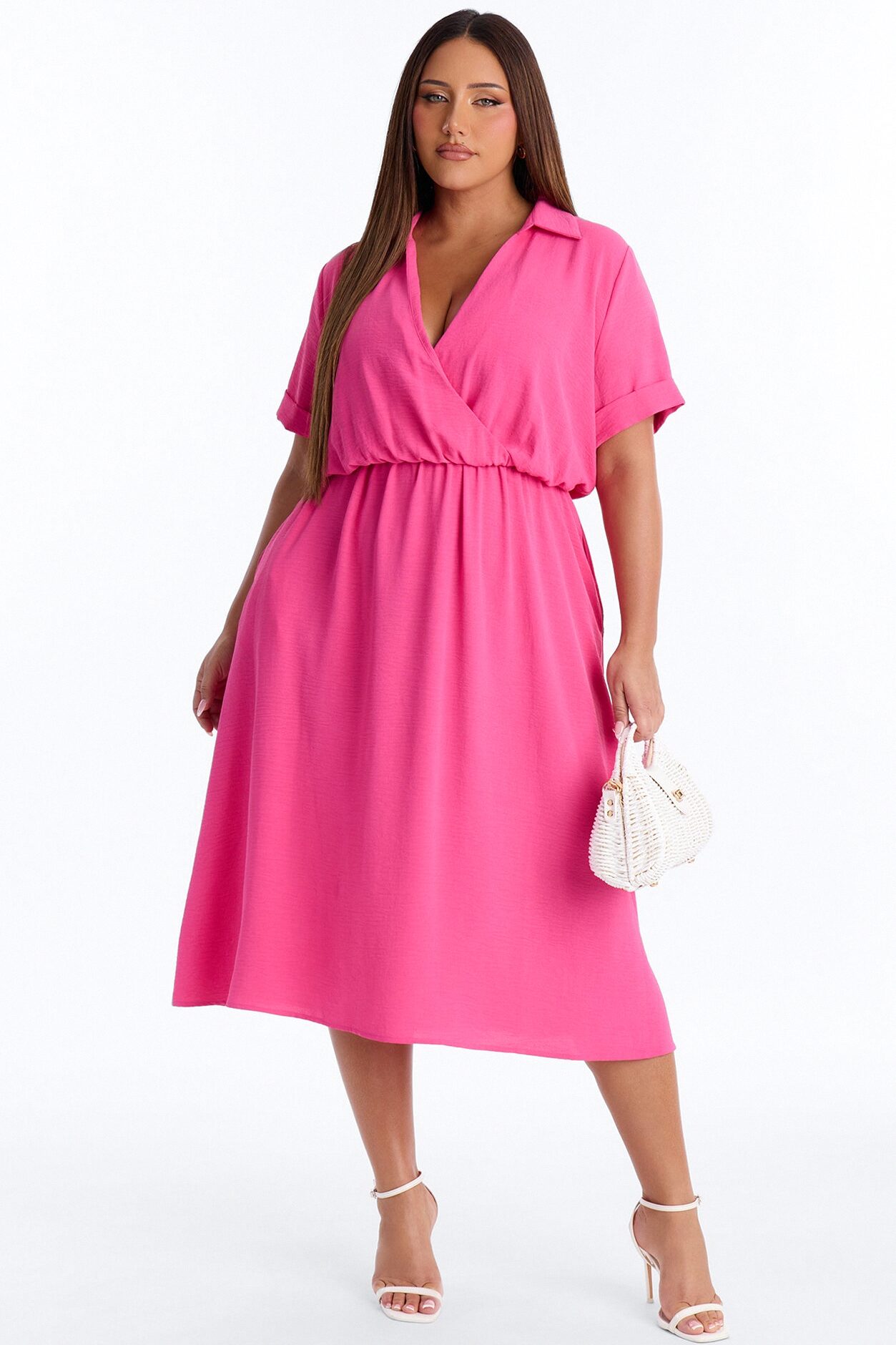 Caroline Cinched Midi Dress - Hot Pink
