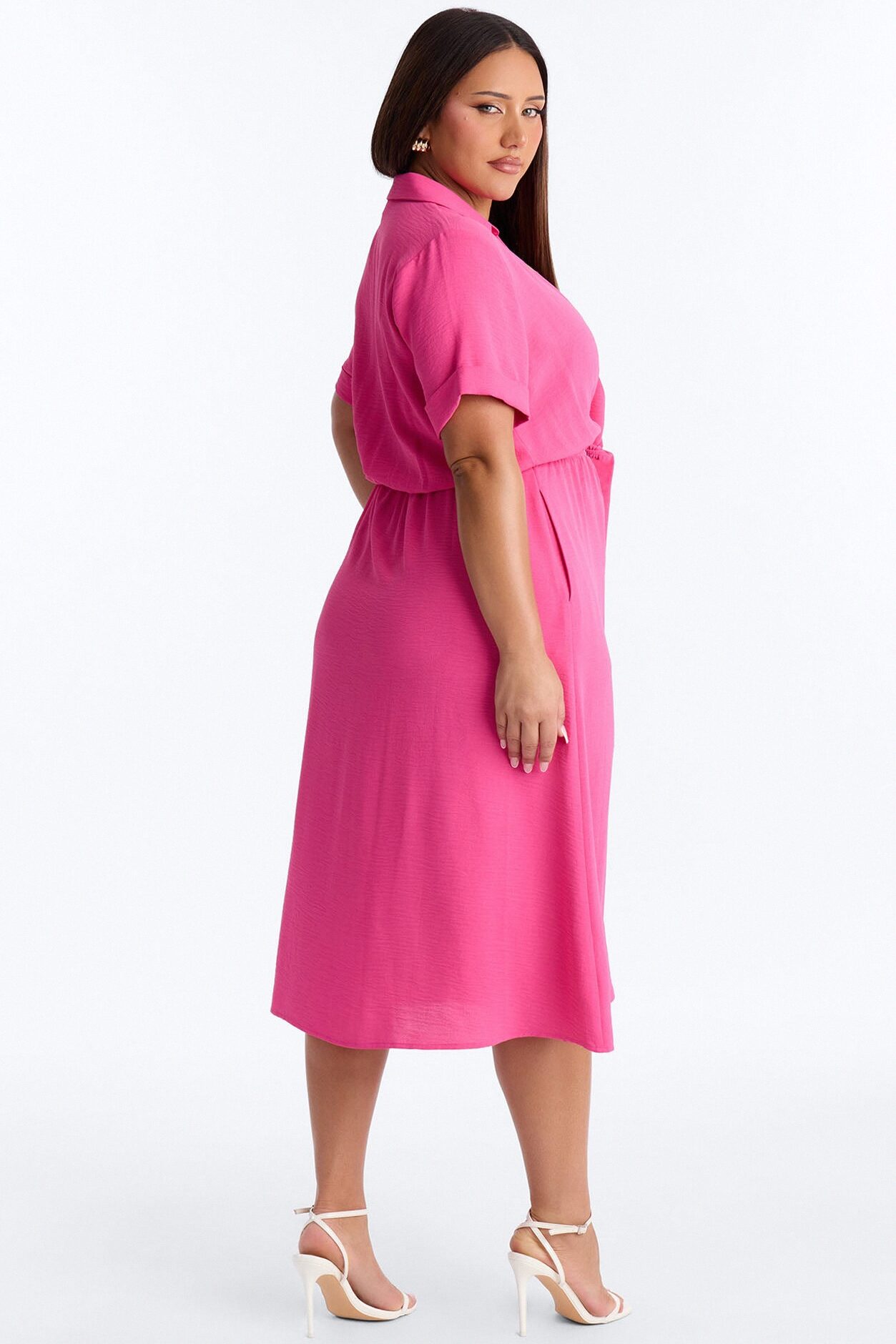 Caroline Cinched Midi Dress - Hot Pink