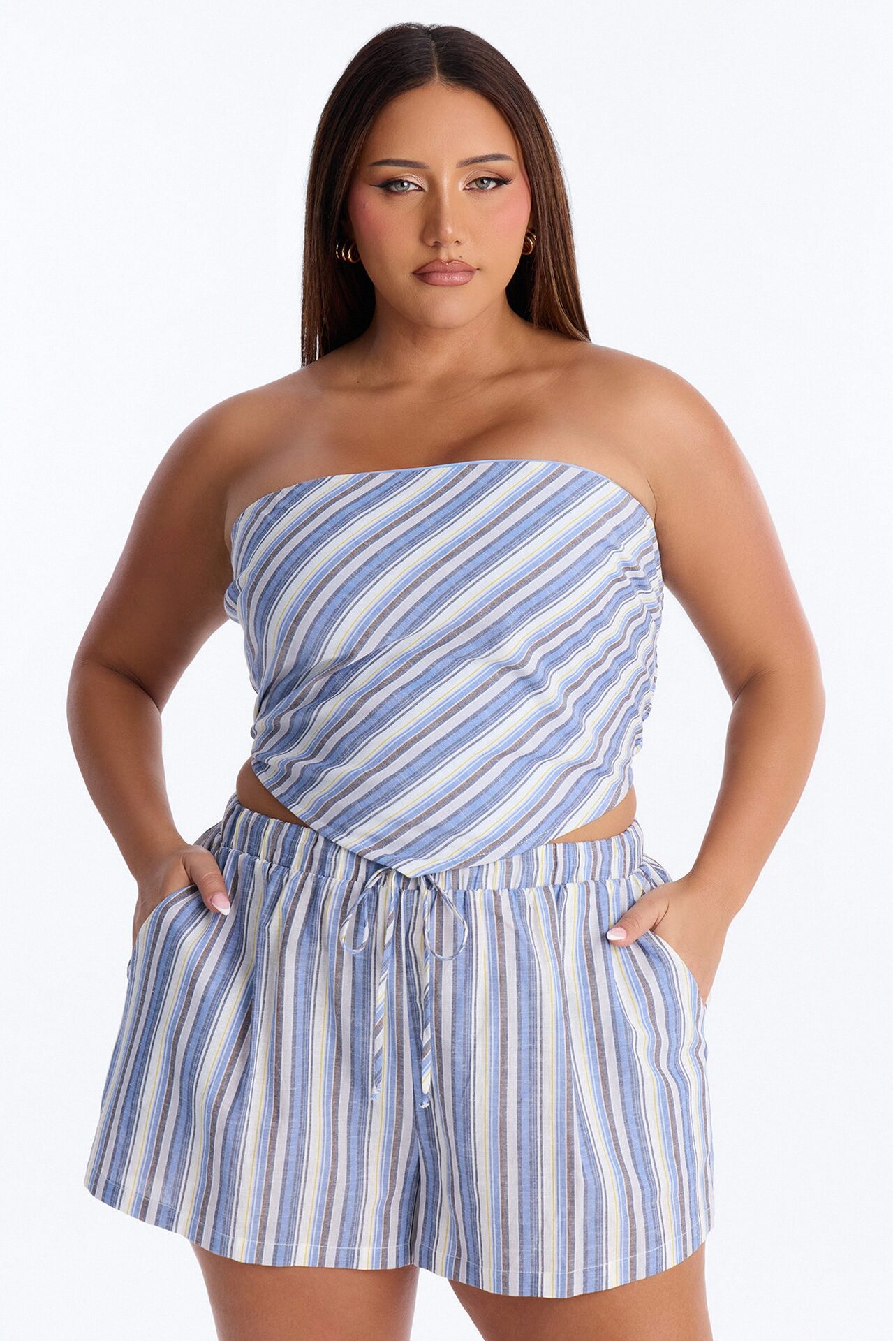 Leila Striped Strapless Linen Short Set - Blue/combo