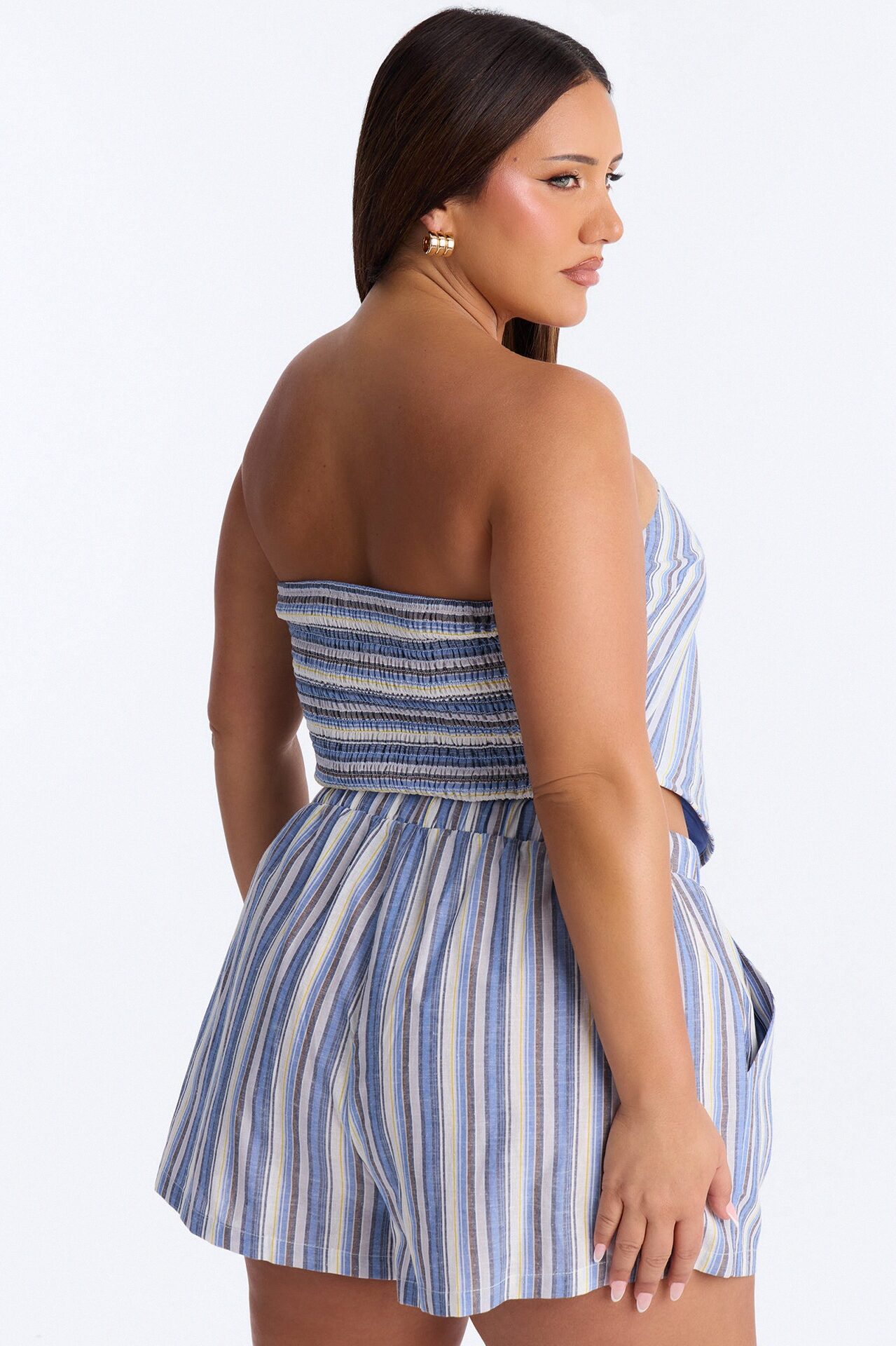 Leila Striped Strapless Linen Short Set - Blue/combo
