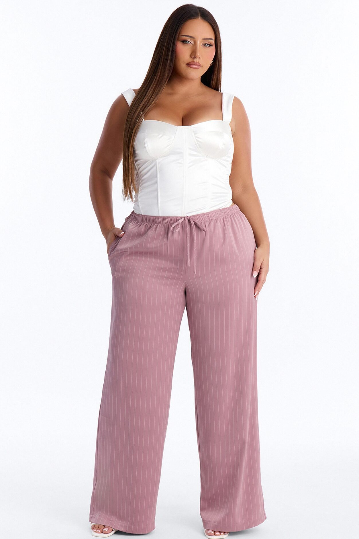 Lulu Pinstripe Satin Wide Leg Pant 32″ - Mauve