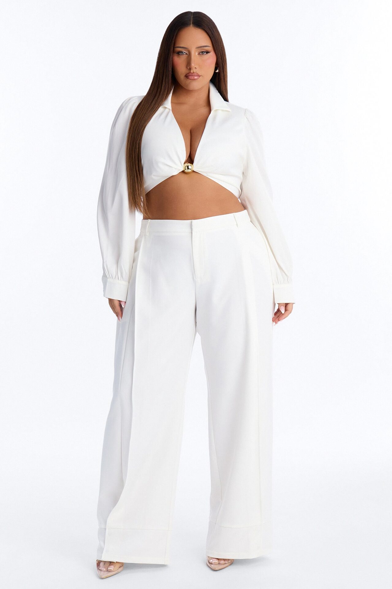 Anya Double Side Pleat Button Hem Trouser 33″ - White