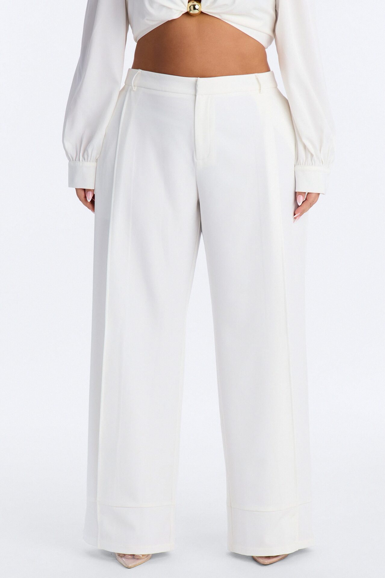 Anya Double Side Pleat Button Hem Trouser 33″ - White