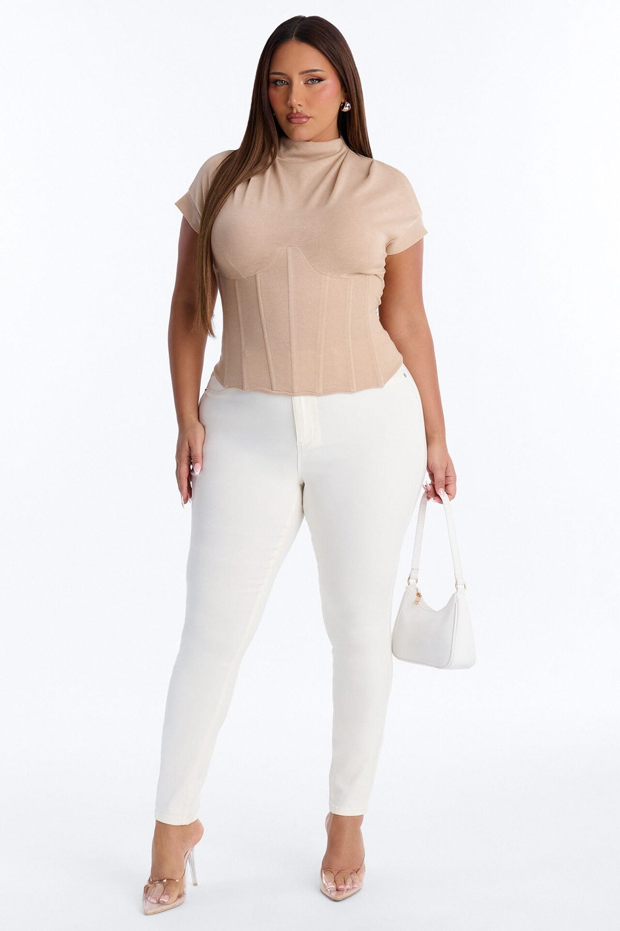 Serene Sculpt Mock Neck Short Sleeve Corset Top - Taupe