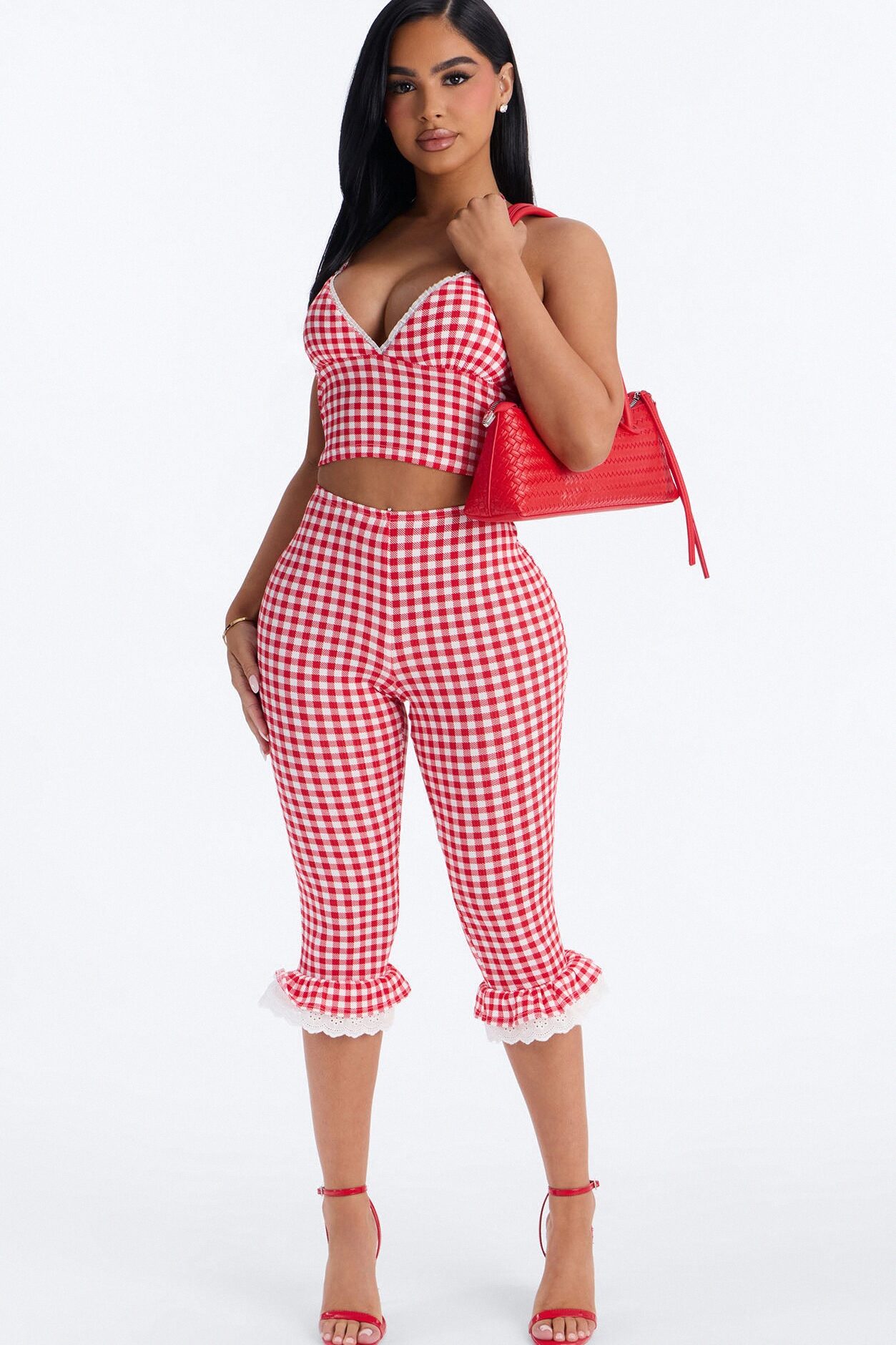 Willow Gingham Halter Capri Set - Red