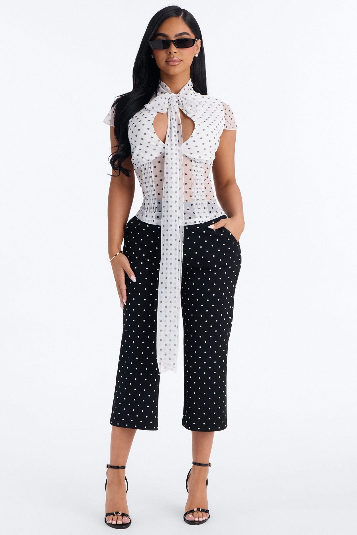 Arabelle Polka Dot Mesh Short Sleeve Top - White/Black