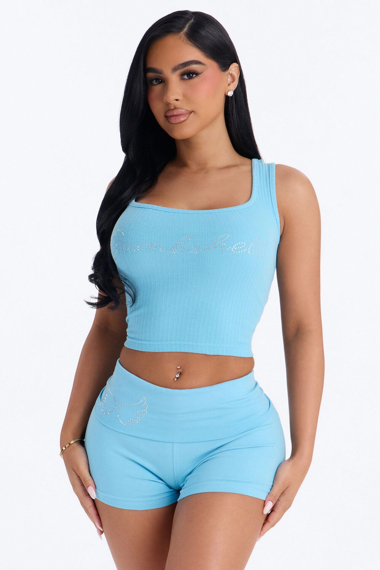Bombshell Fold Over Waist Short Set - Light Blue