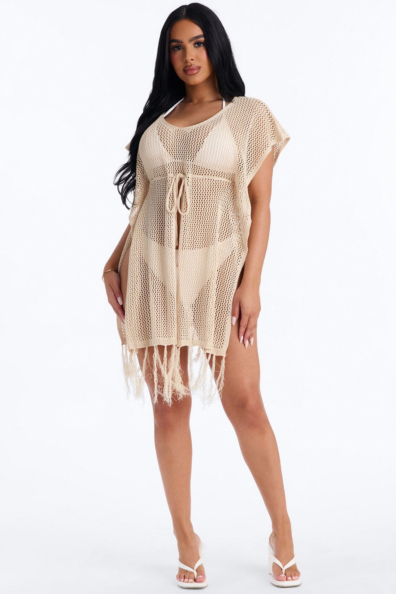 Umbrella In My Cup Tassel Trim Crochet Swim Cover Up Dress - Tan
