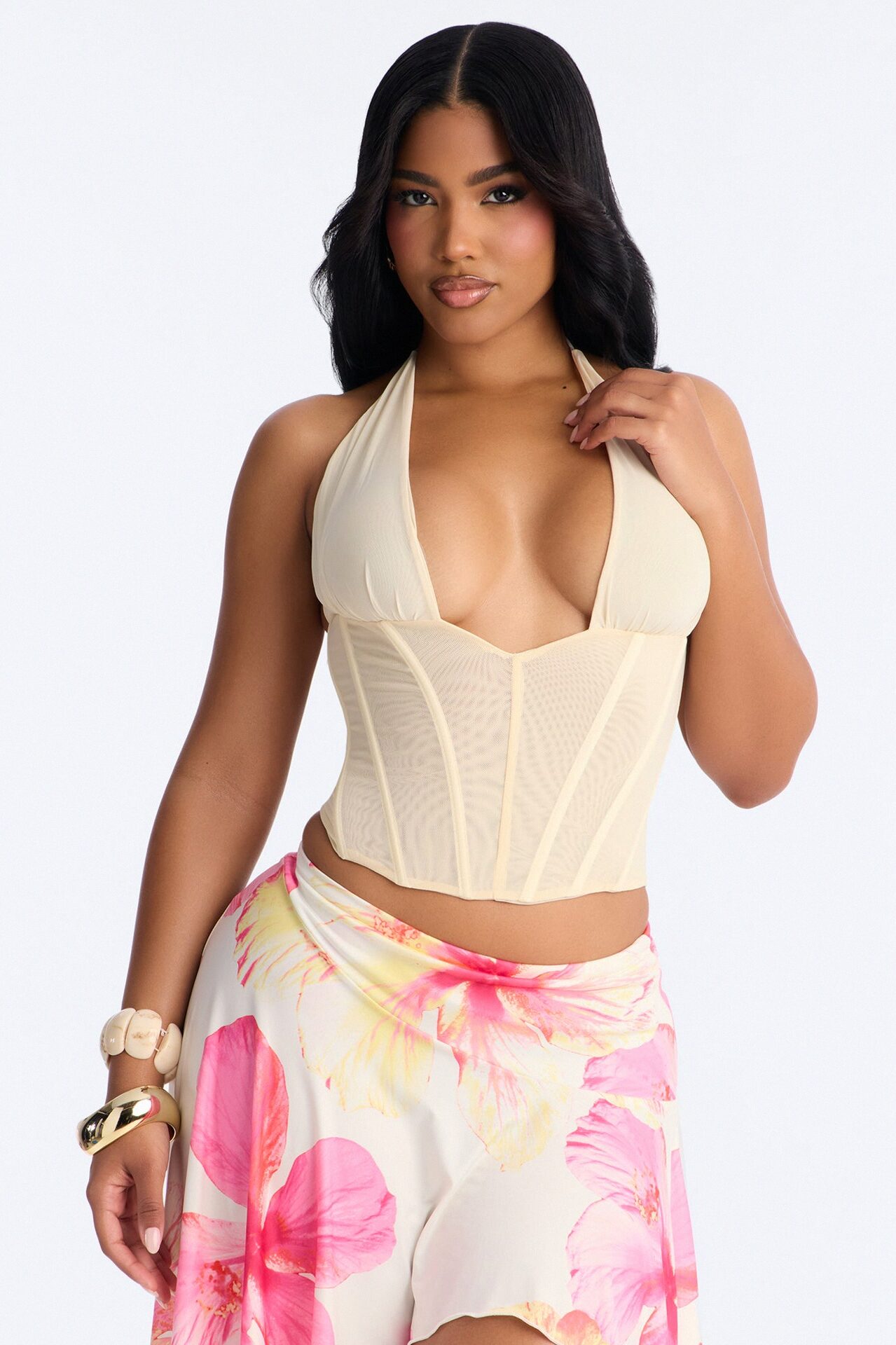 Never Forget Corset Mesh Halter Top - Ivory