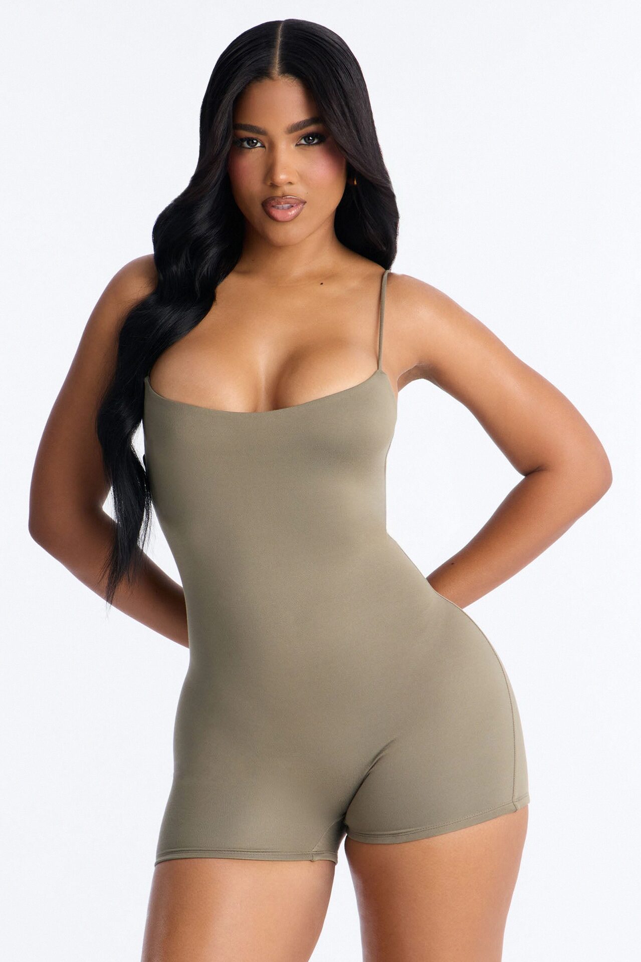 Full Form Double Layer Biker Short Romper - Olive