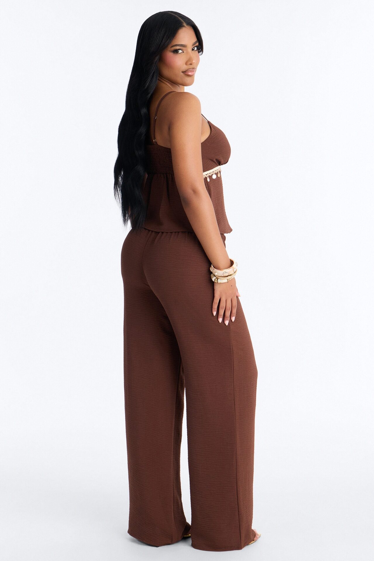Sasha Embellished Wide Leg Pant Set - Chocolate