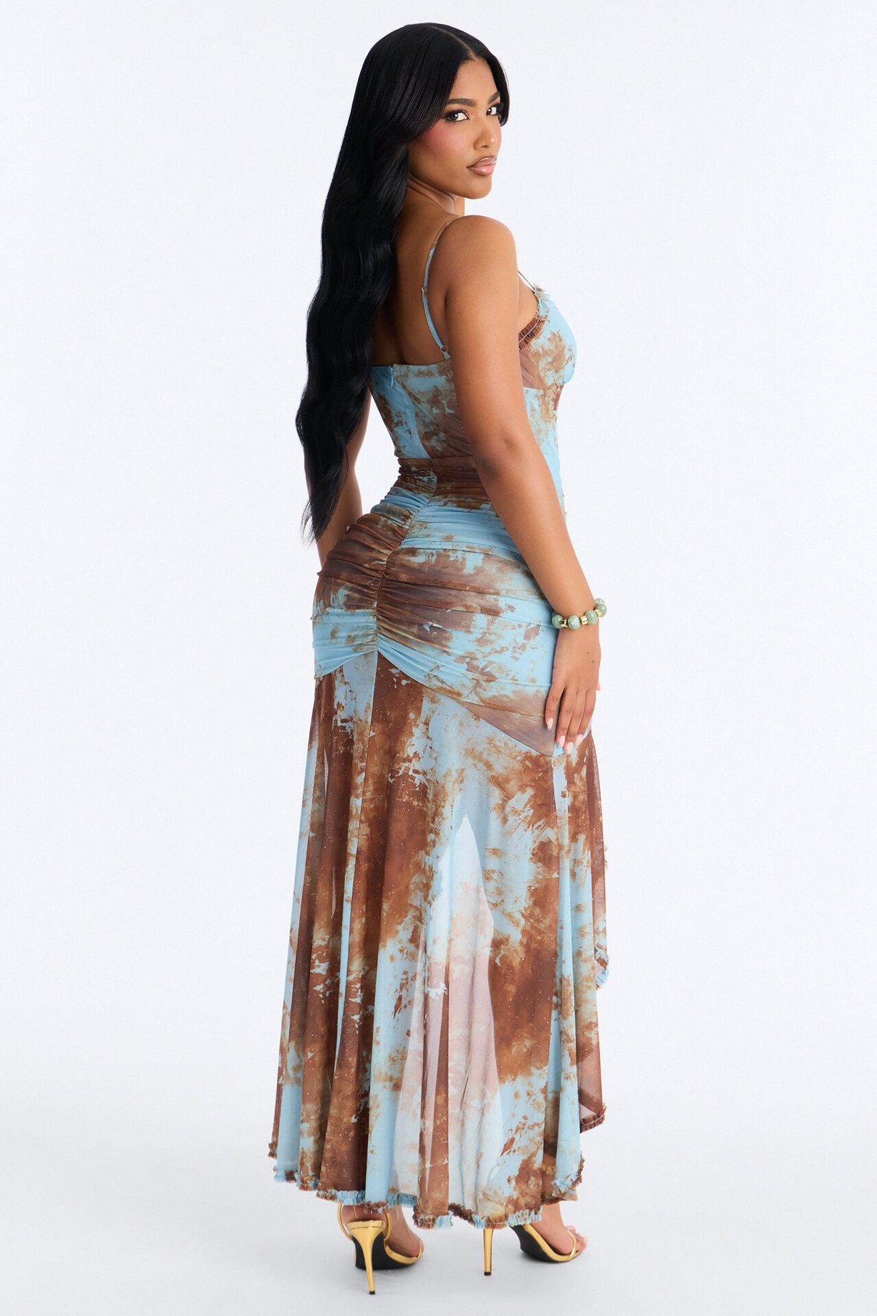 So Stunning Ruched Mesh Maxi Dress - Blue/combo