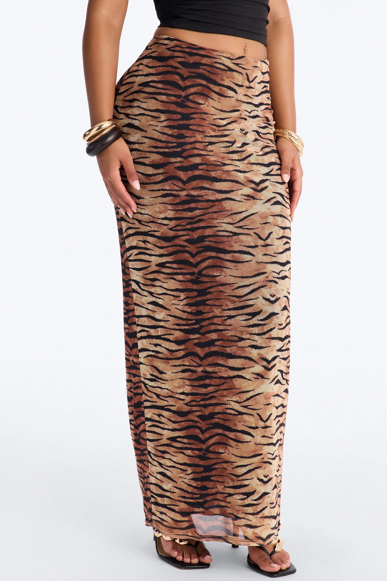 Tiger Striped Mesh Maxi Skirt - Brown/combo