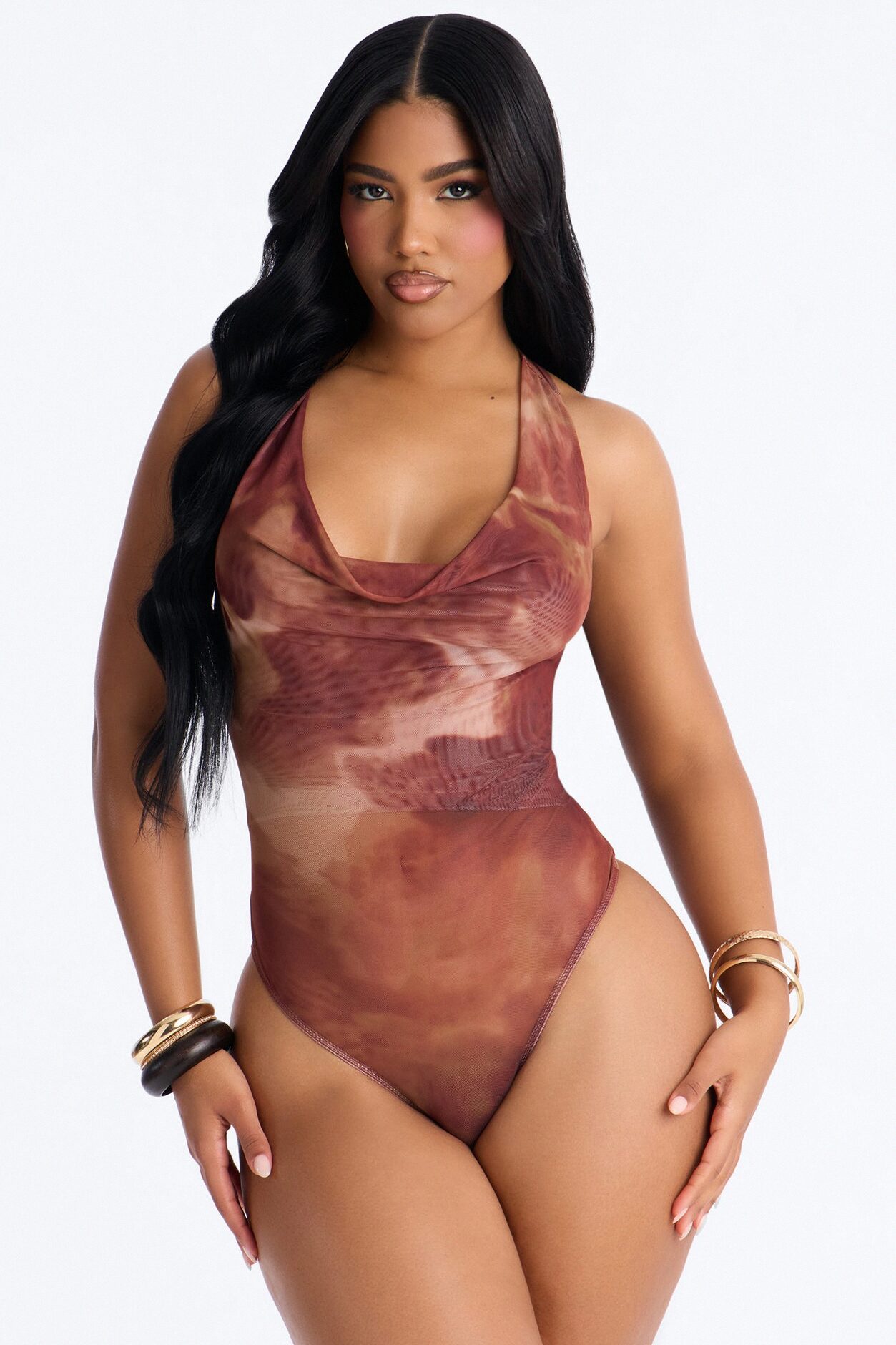 Bronze Babe Mesh Cowl Neck Hardware Bodysuit - Brown/combo