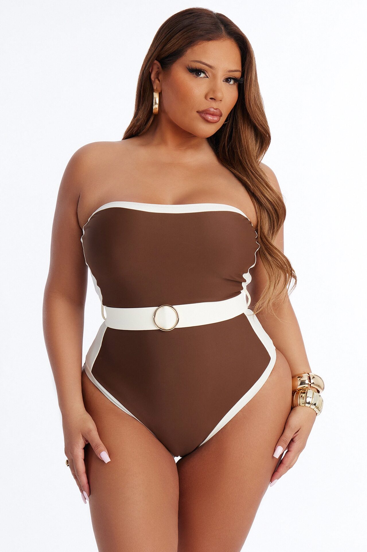 Sunny Days Colorblock Hardware Strapless 1 Piece Swimsuit - Brown/combo