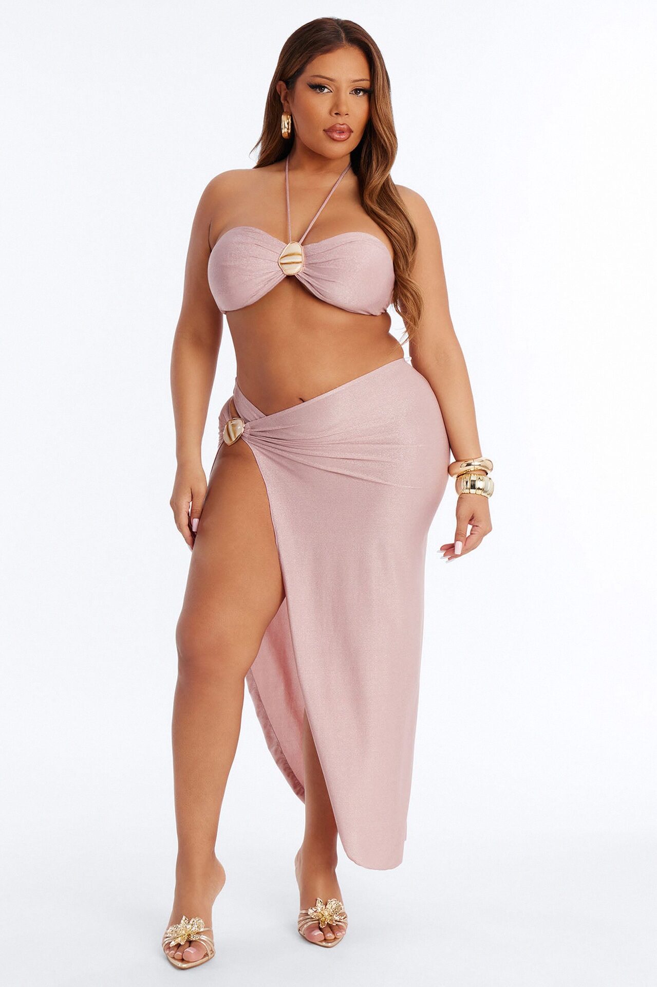 See Me Shimmer Hardware High Slit 3 Piece Bikini Skirt Set - Rose