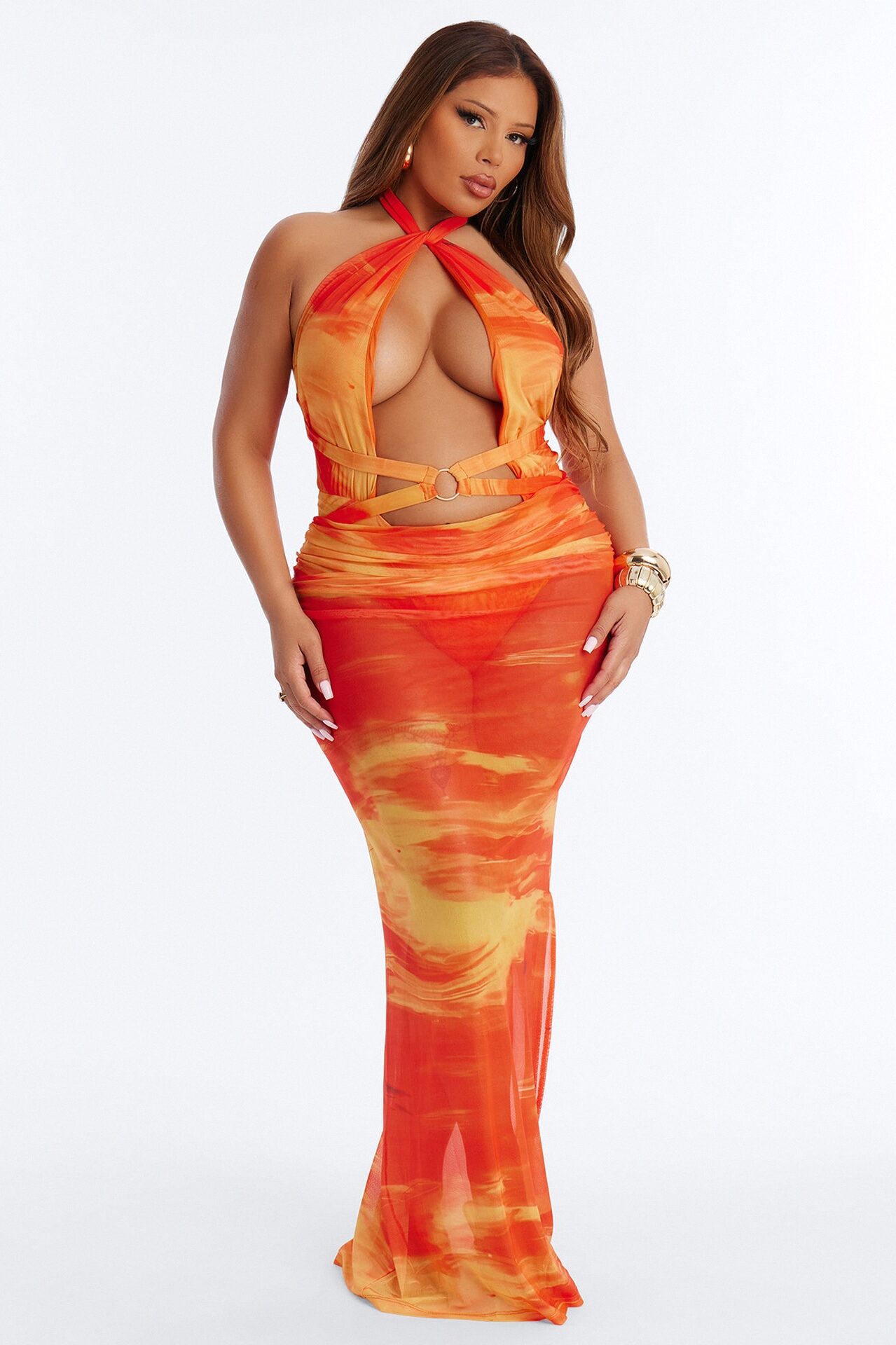 Sunset Swim 1 Piece Swimsuit & Skirt - Orange/combo