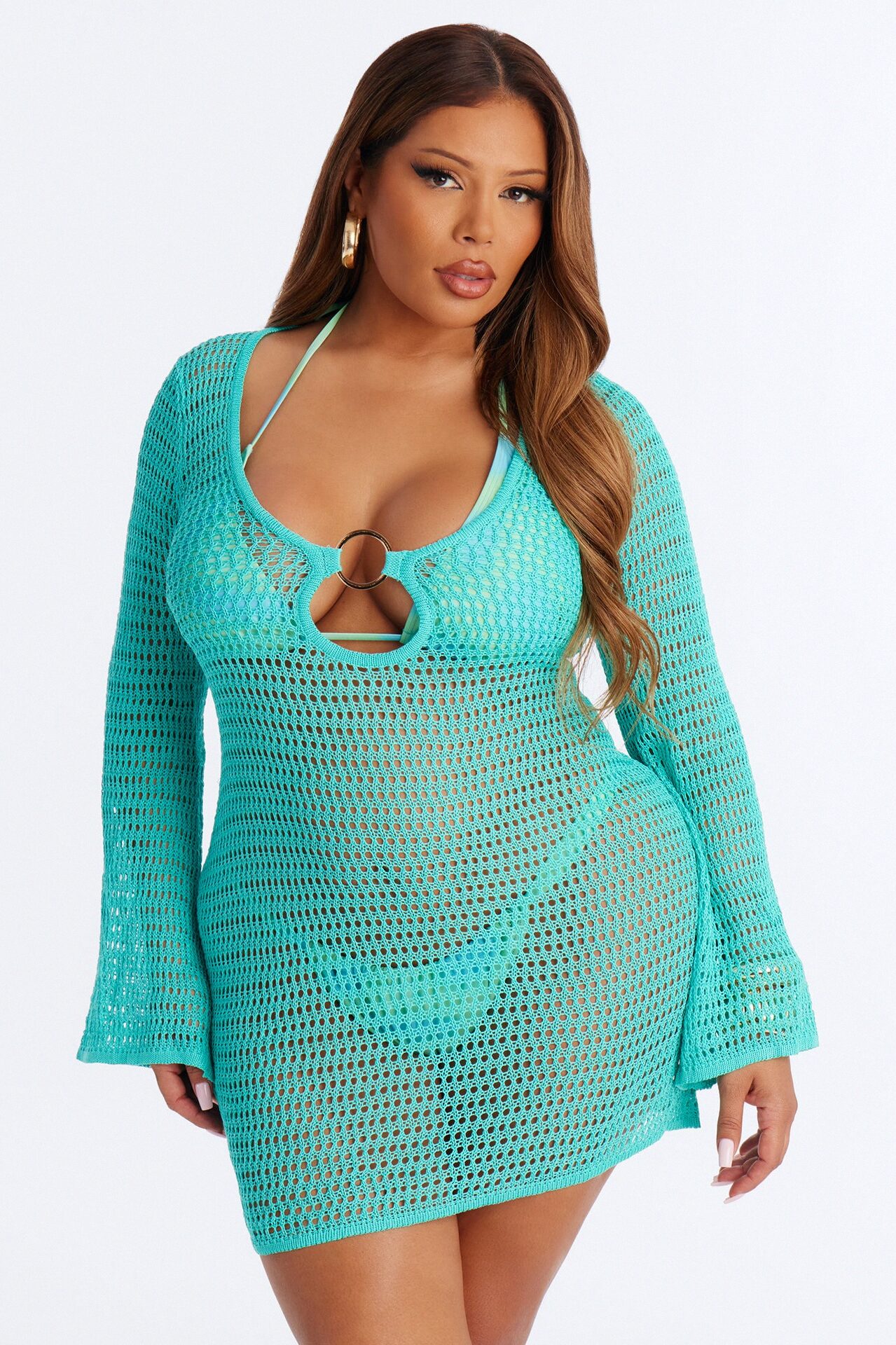 Clare Textured Long Sleeve O-Ring Swim Cover Up Dress - Turquoise