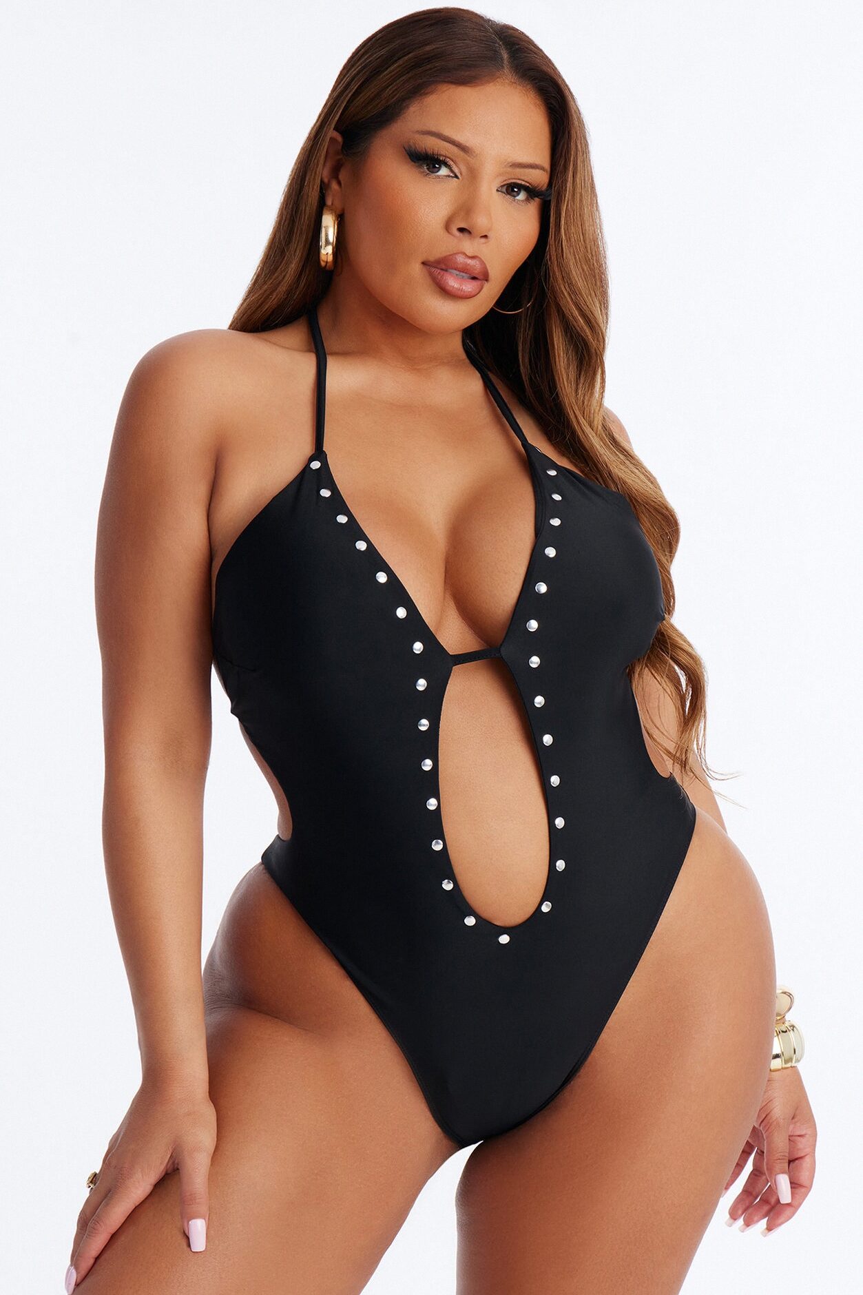 Miami Beat Studded 1 Piece Halter Cut Out Swimsuit - Black