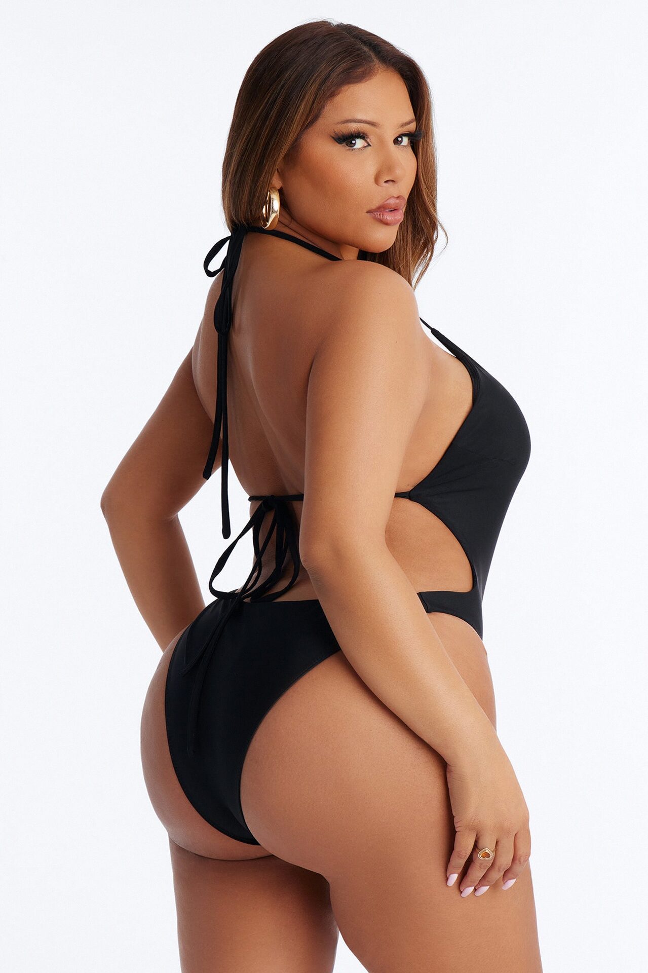 Miami Beat Studded 1 Piece Halter Cut Out Swimsuit - Black