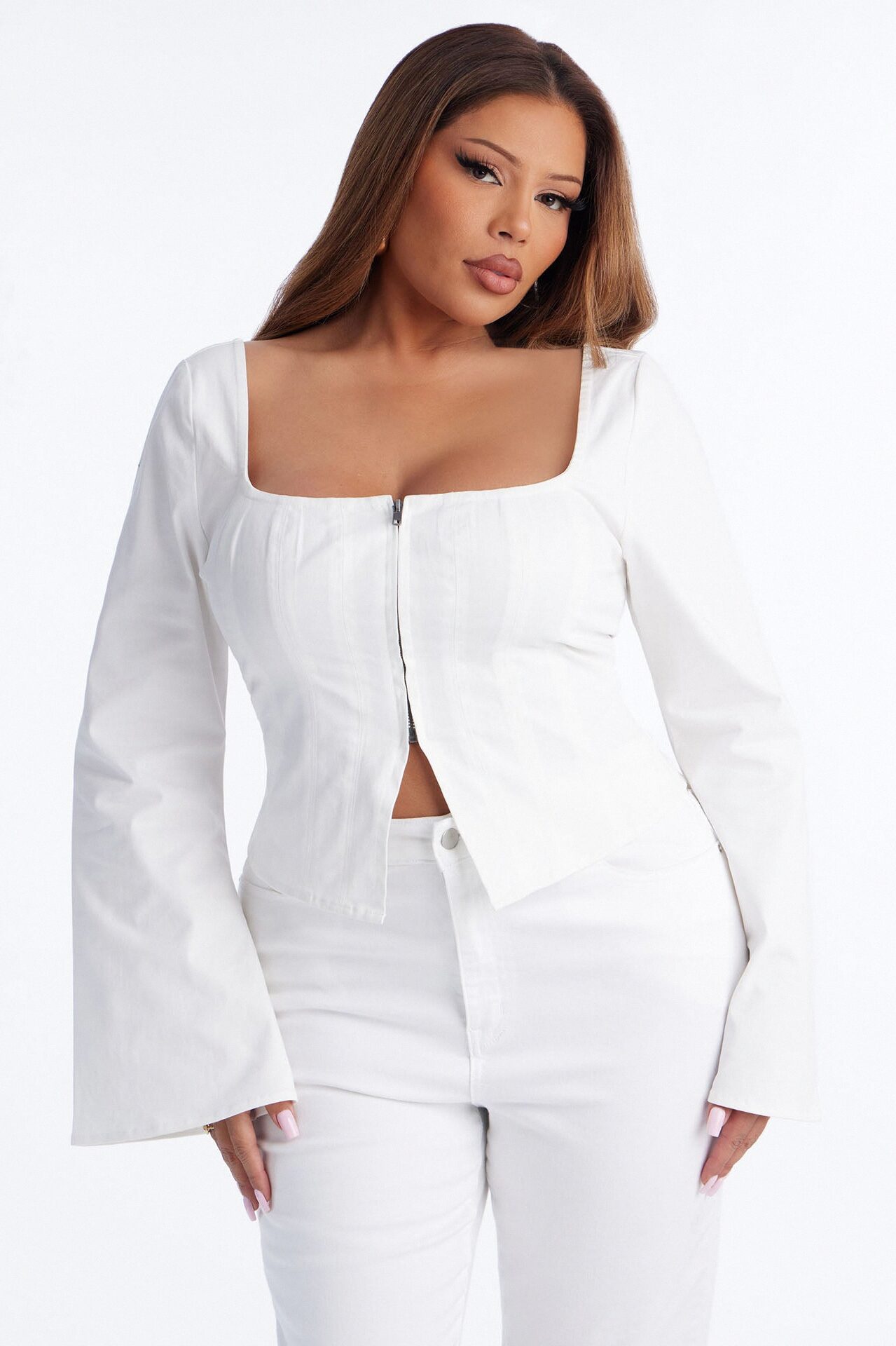 Miss Professional Front Zip Denim Top - White