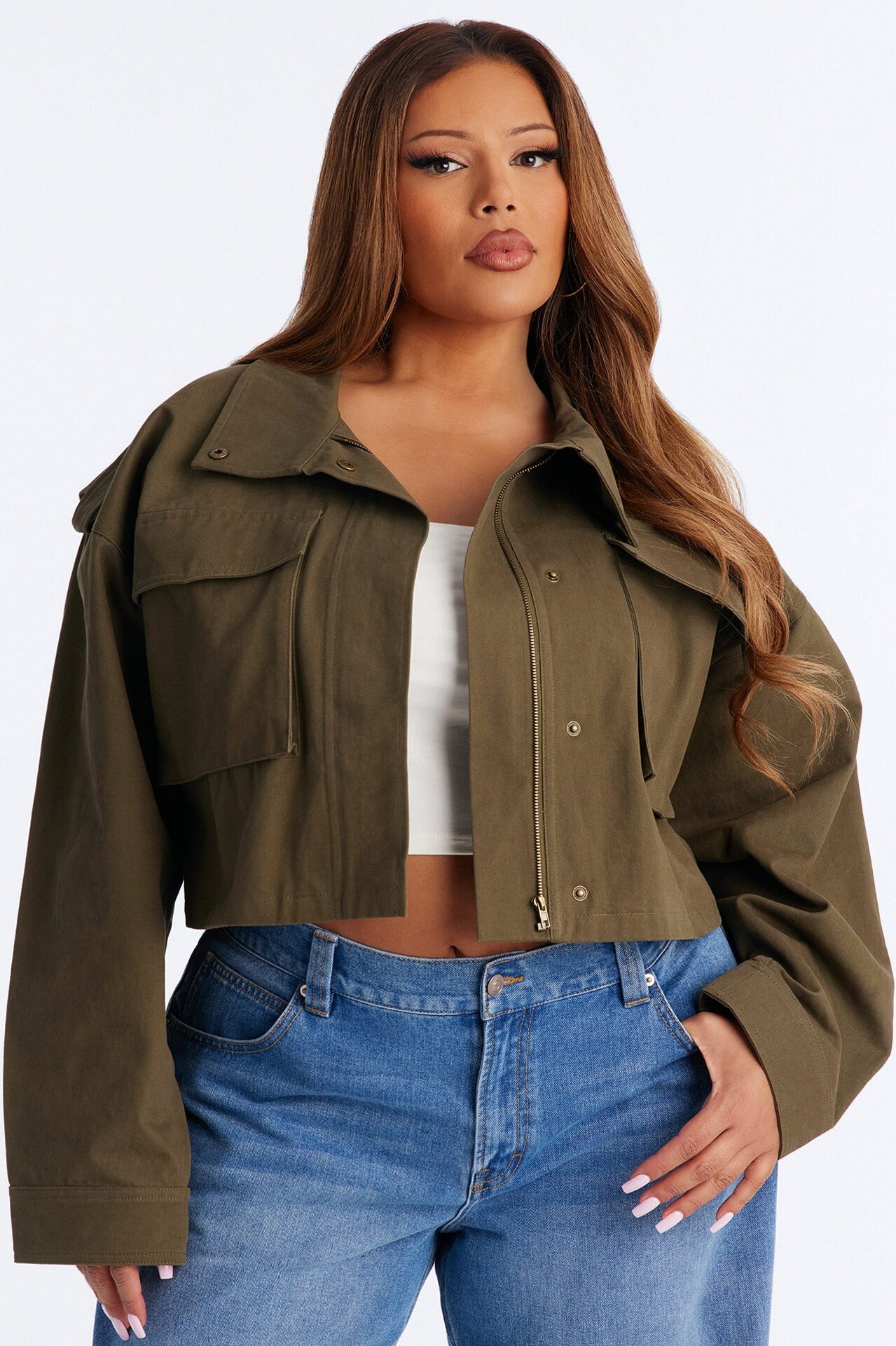Mission Accomplished Cropped Funnel Neck Utility Jacket - Olive