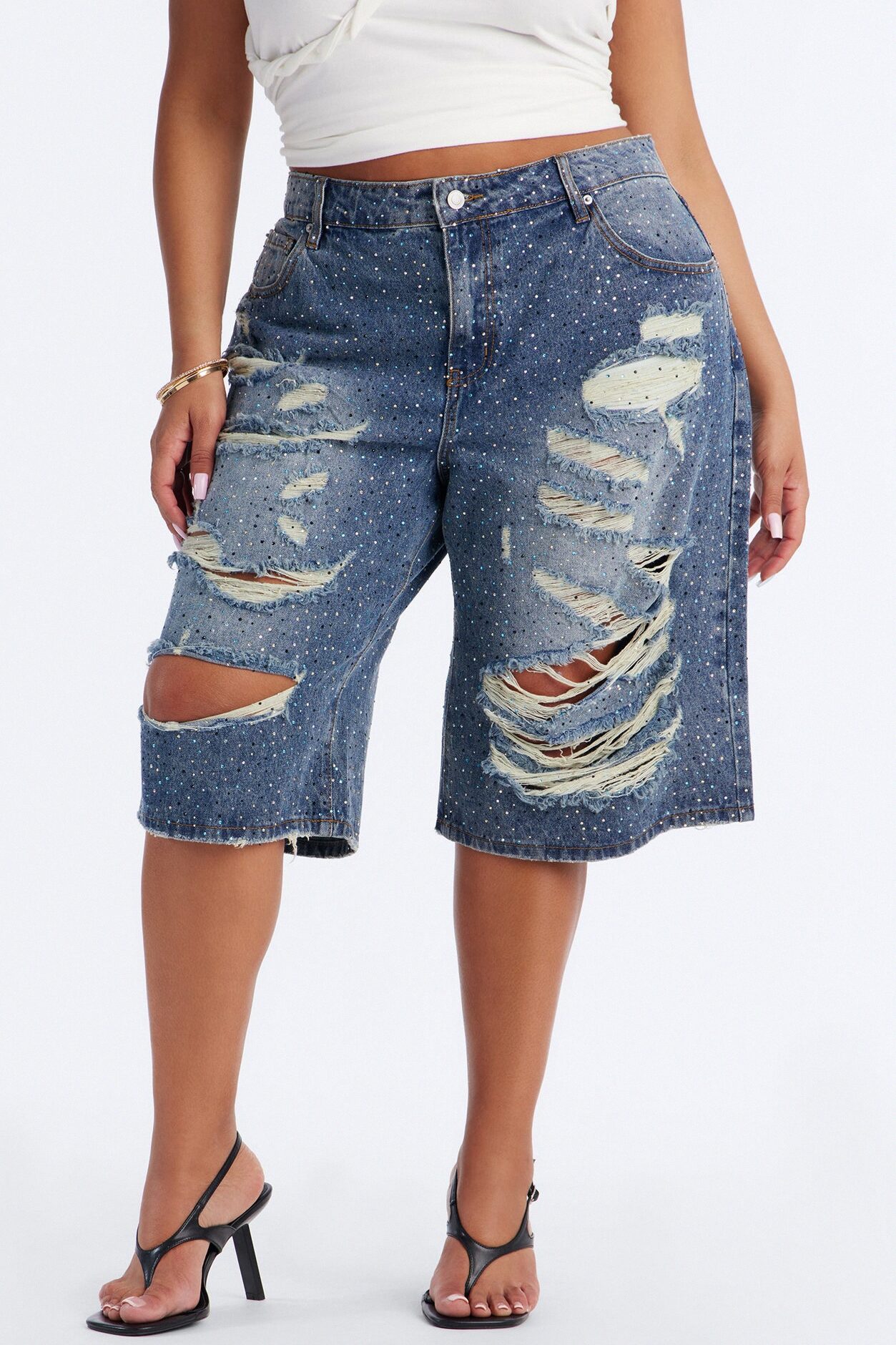 Moonlight Flicker Embellished Rhinestones Denim Jorts - Vintage Wash