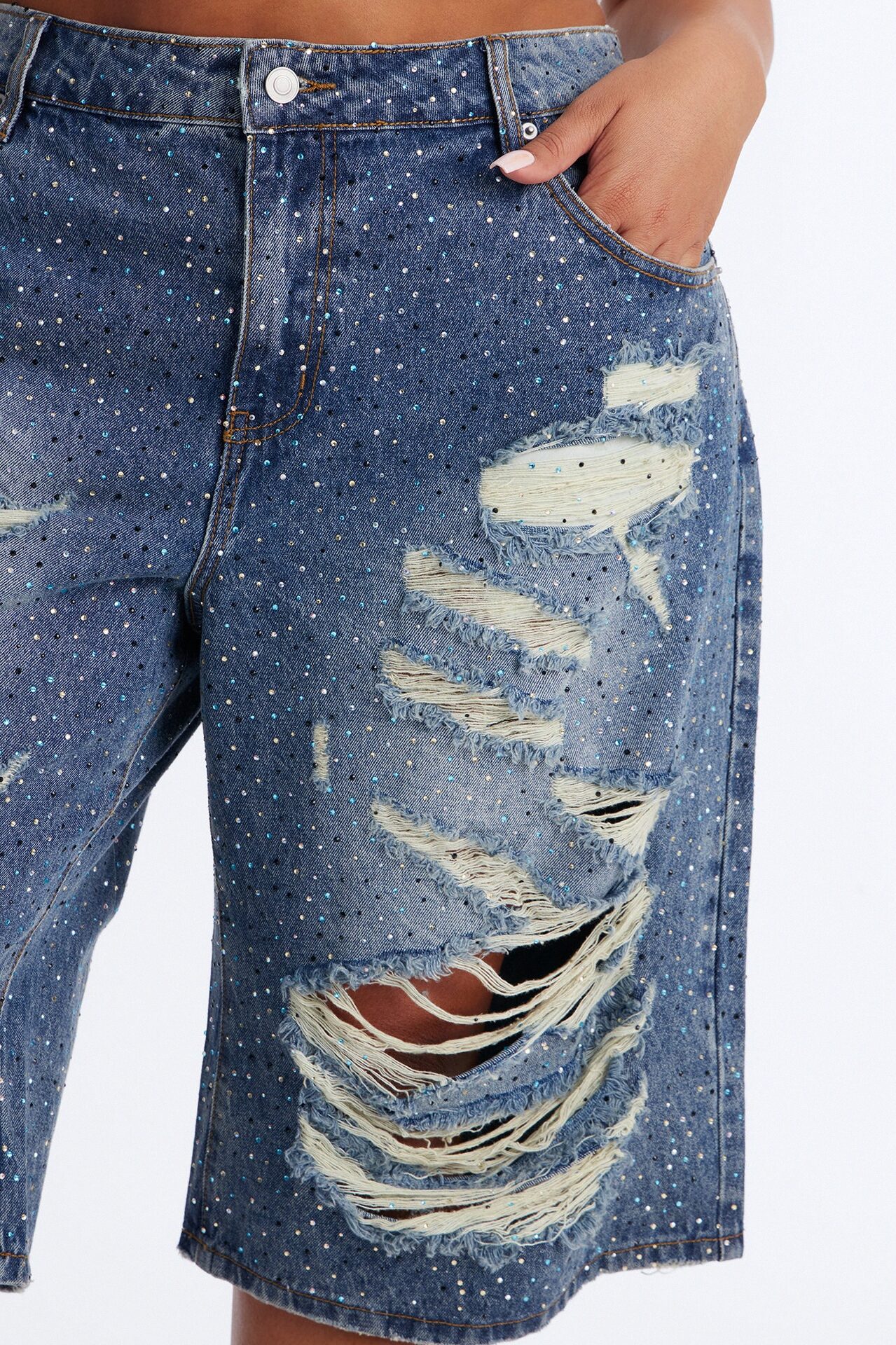 Moonlight Flicker Embellished Rhinestones Denim Jorts - Vintage Wash